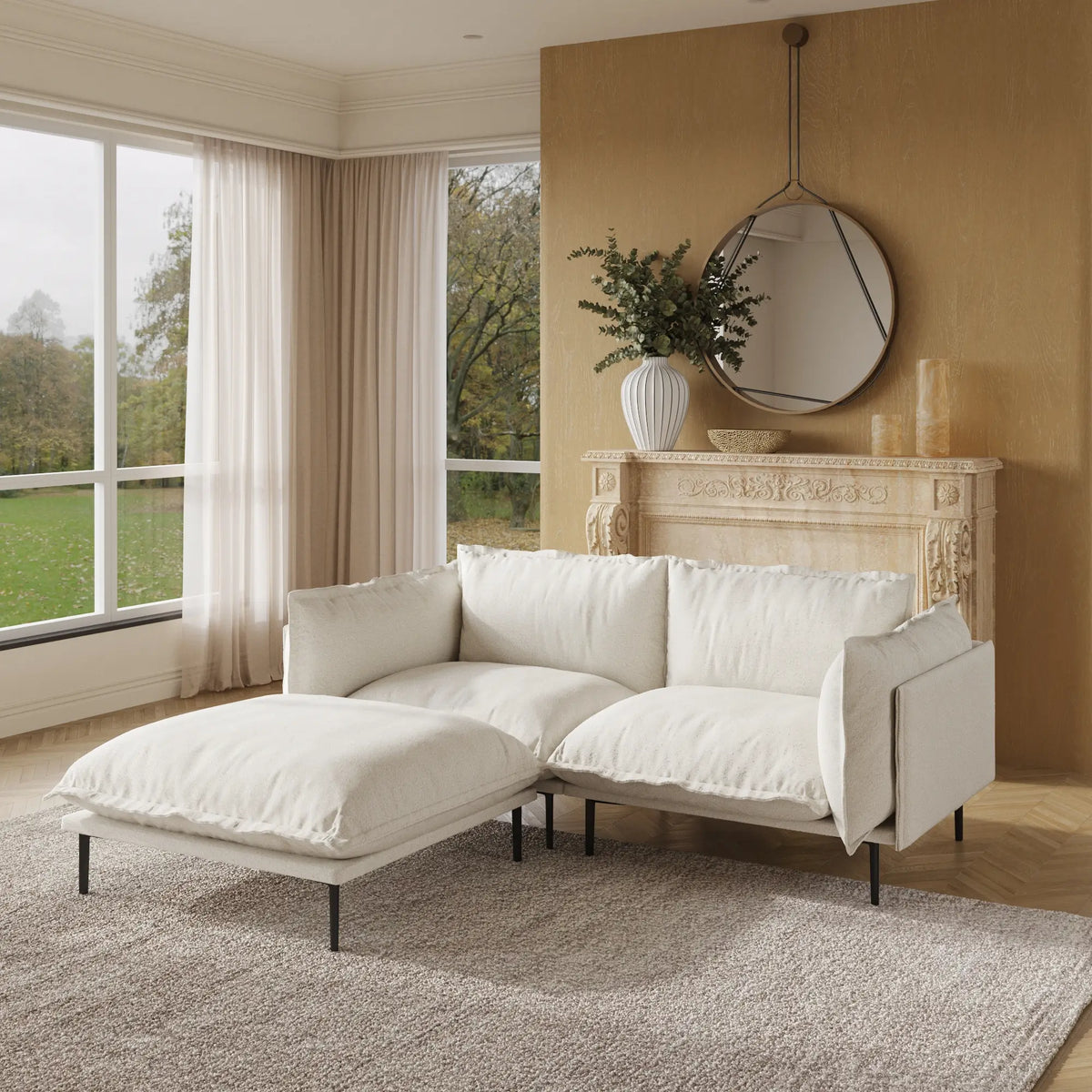 Deluxe Cloud 2-Seater Beige Modular Chaise Sectional | 3-Piece (includes 1 Ottoman), Velvet Fabric, Small Space
