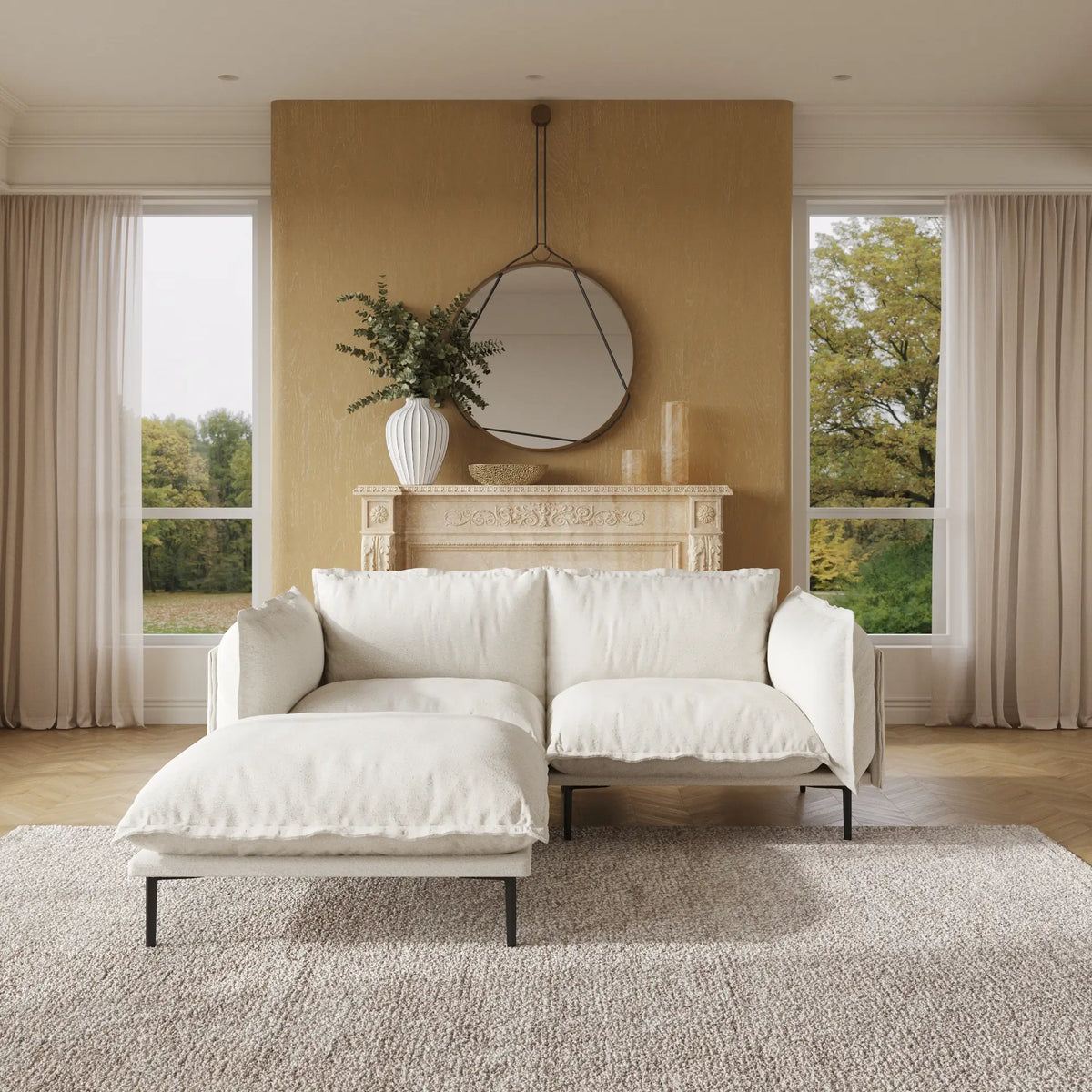 Deluxe Cloud 2-Seater Beige Modular Chaise Sectional | 3-Piece (includes 1 Ottoman), Velvet Fabric, Small Space