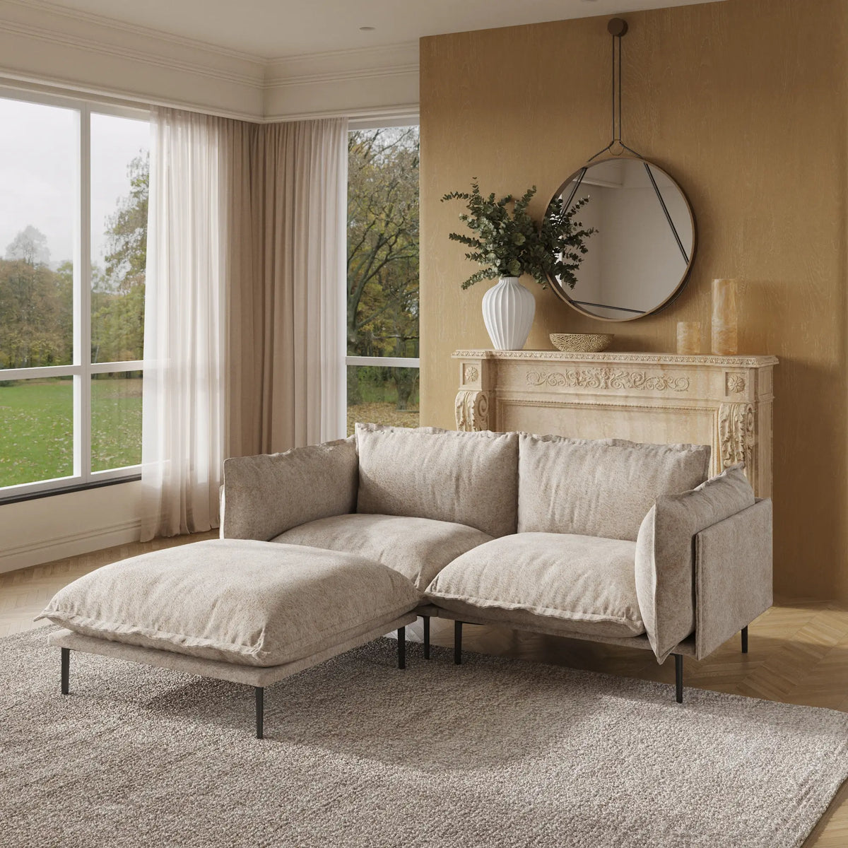 Deluxe Cloud 2-Seater Brown Modular Chaise Sectional | 3-Piece (includes 1 Ottoman), Velvet Fabric, Apartment Friendly