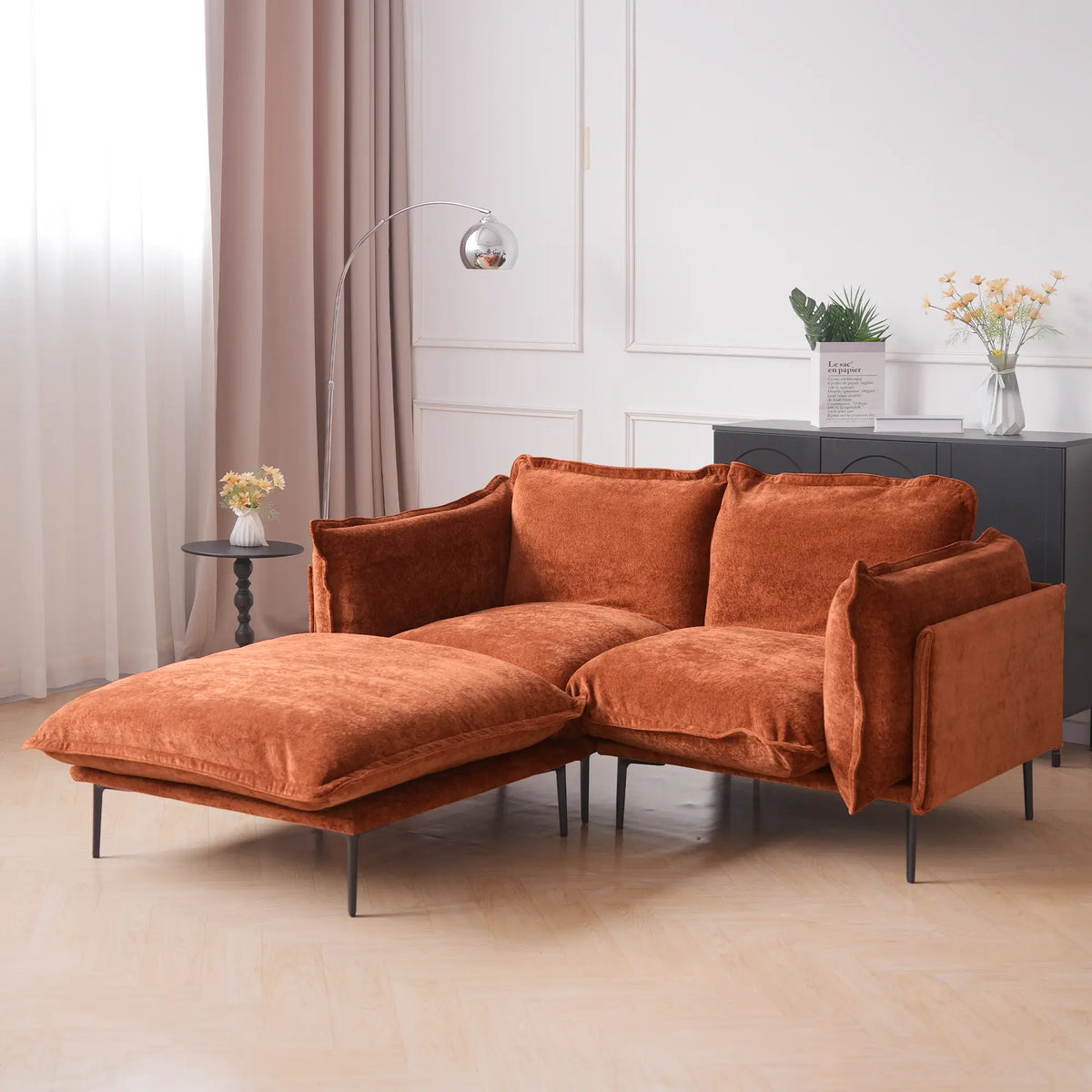 Deluxe Cloud 2-Seater Orange Modular Chaise Sectional | 3-Piece (includes 1 Ottoman), Velvet Fabric, Compact Design