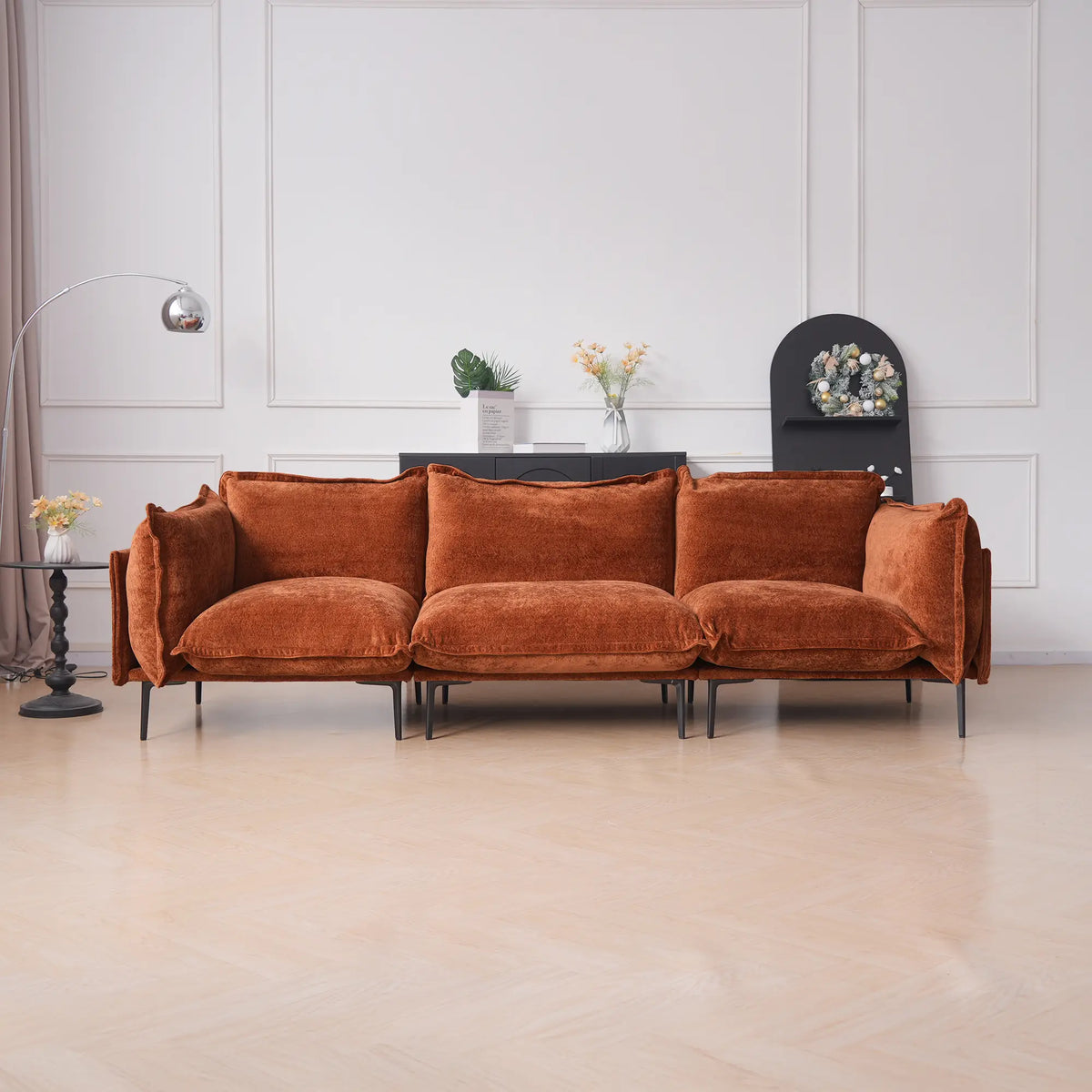 Deluxe Cloud 3-Seater Orange Modular Couch Sectional | 3-Piece, Velvet Fabric, Compact Design