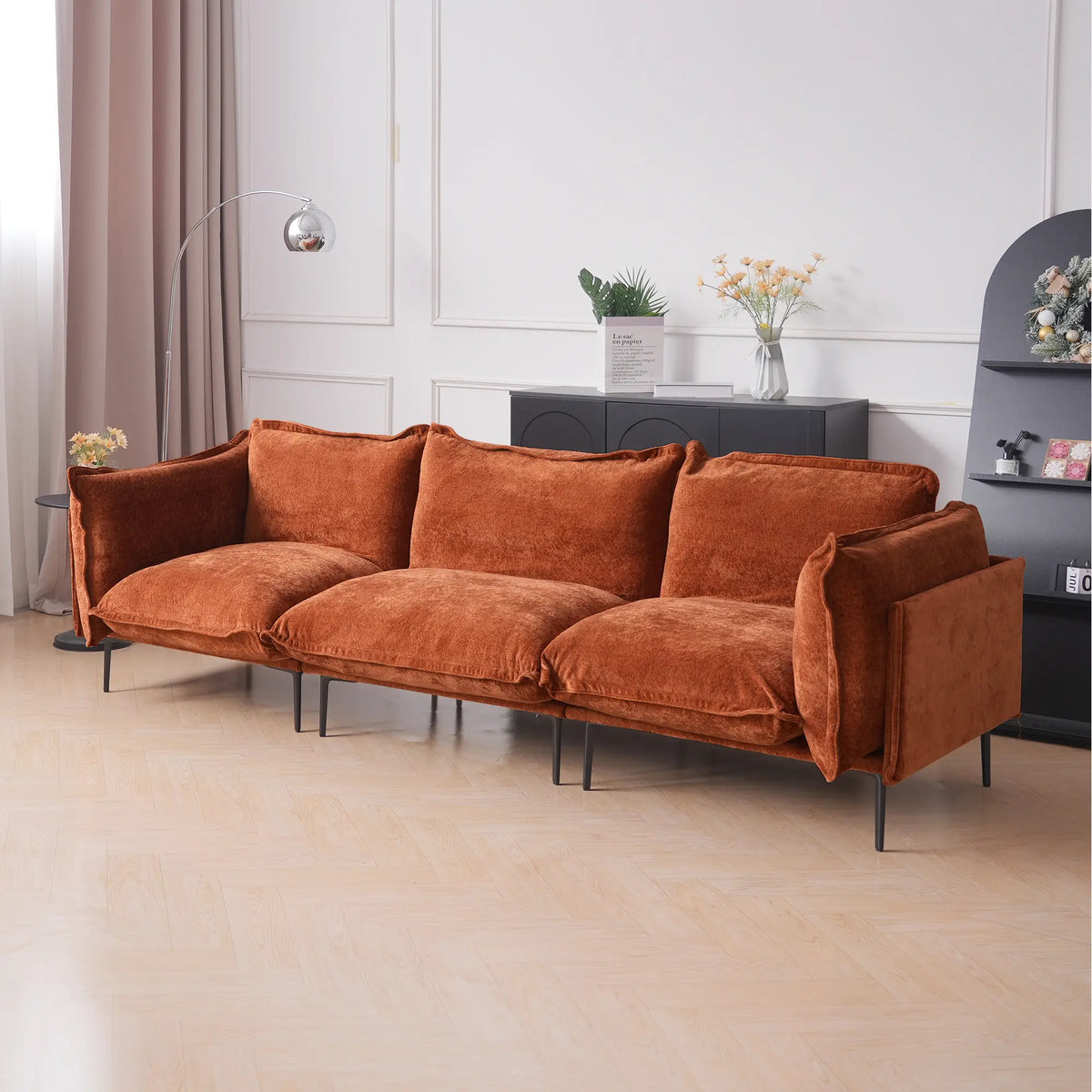 Deluxe Cloud 3-Seater Orange Modular Couch Sectional | 3-Piece, Velvet Fabric, Compact Design