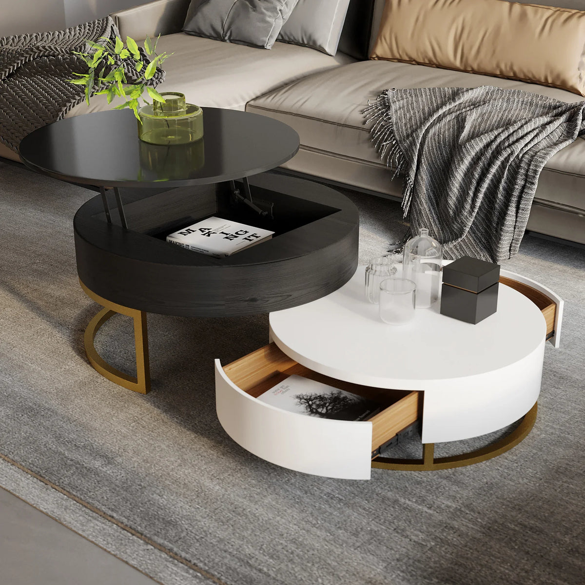 Aura Wood Coffee Table | 32" Black Round With Nesting