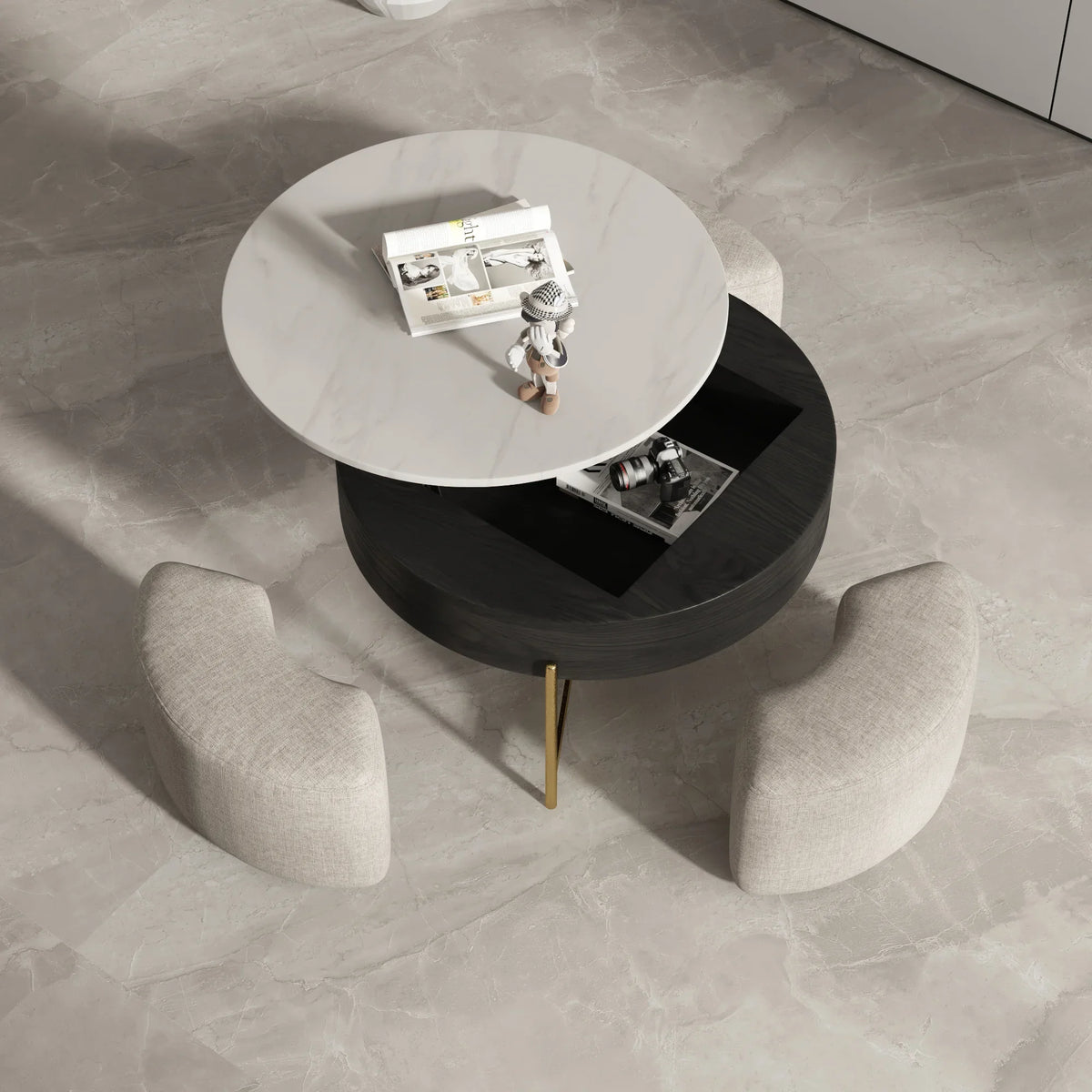 Aero Sintered Stone Coffee Table | 32" Monochrome Round With 3 Stools
