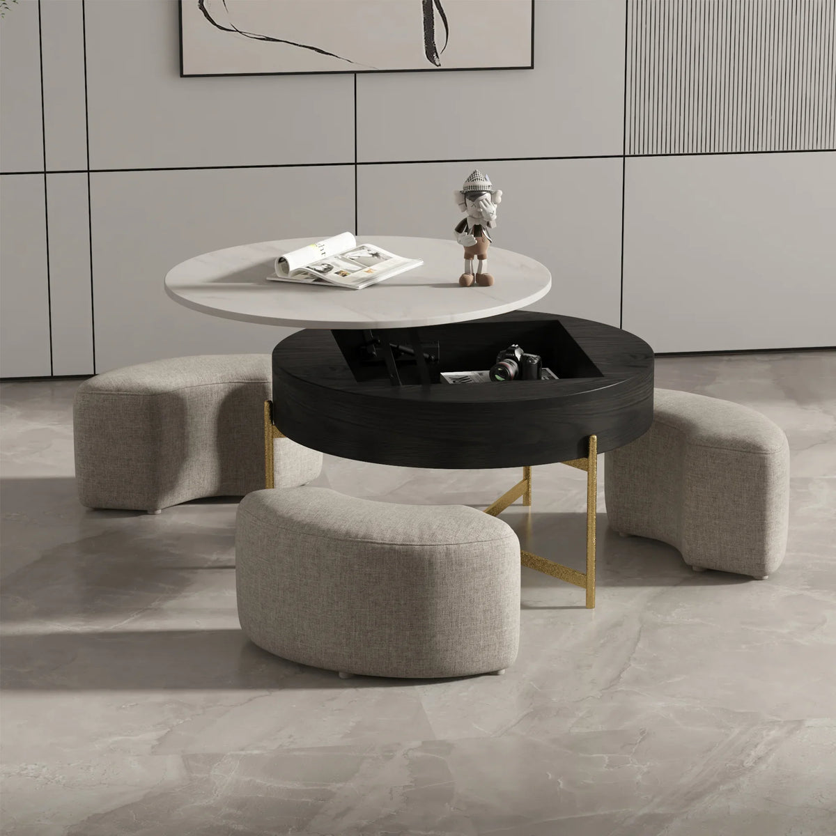 Aero Sintered Stone Coffee Table | 32" Monochrome Round With 3 Stools