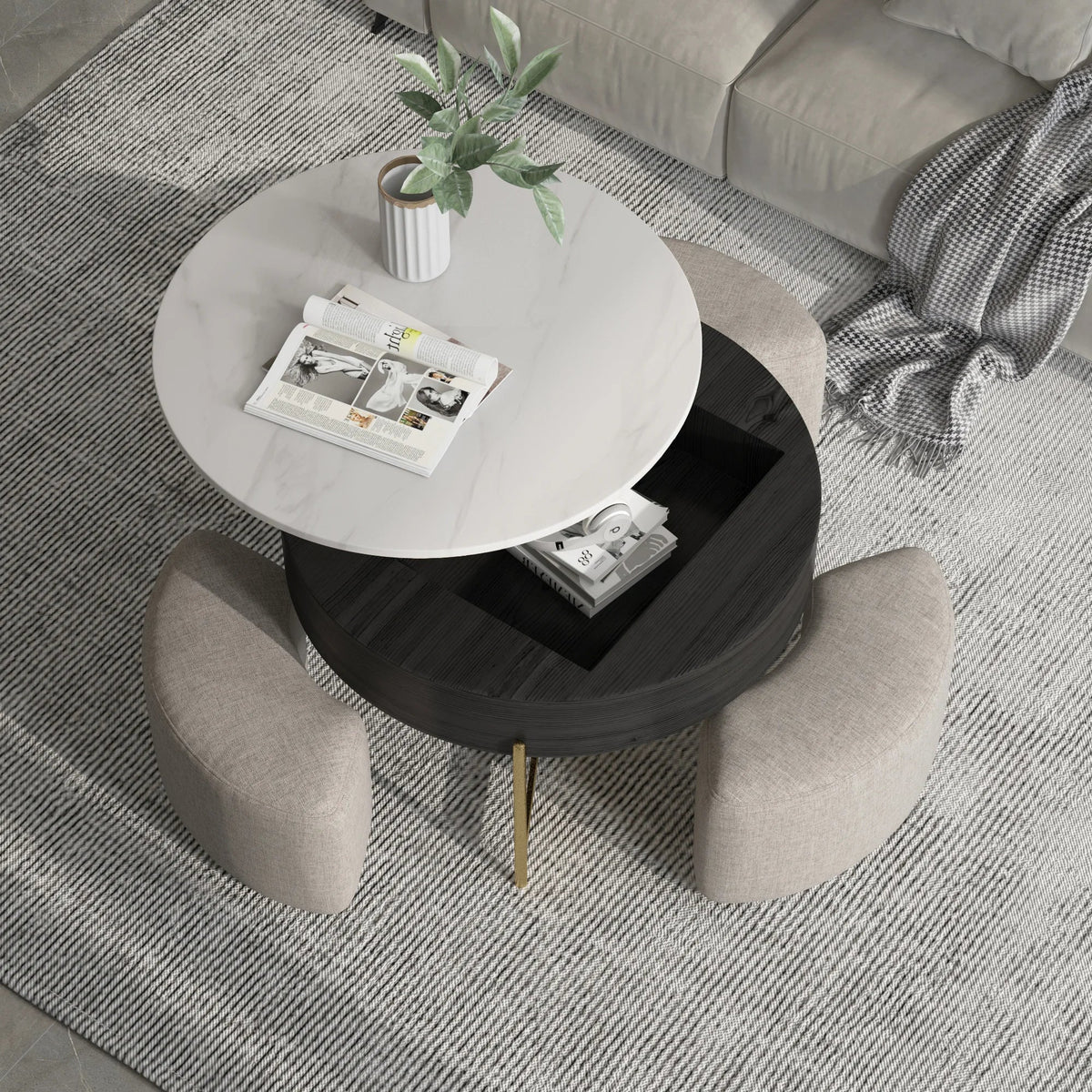 Aero Sintered Stone Coffee Table | 32" Monochrome Round With 3 Stools