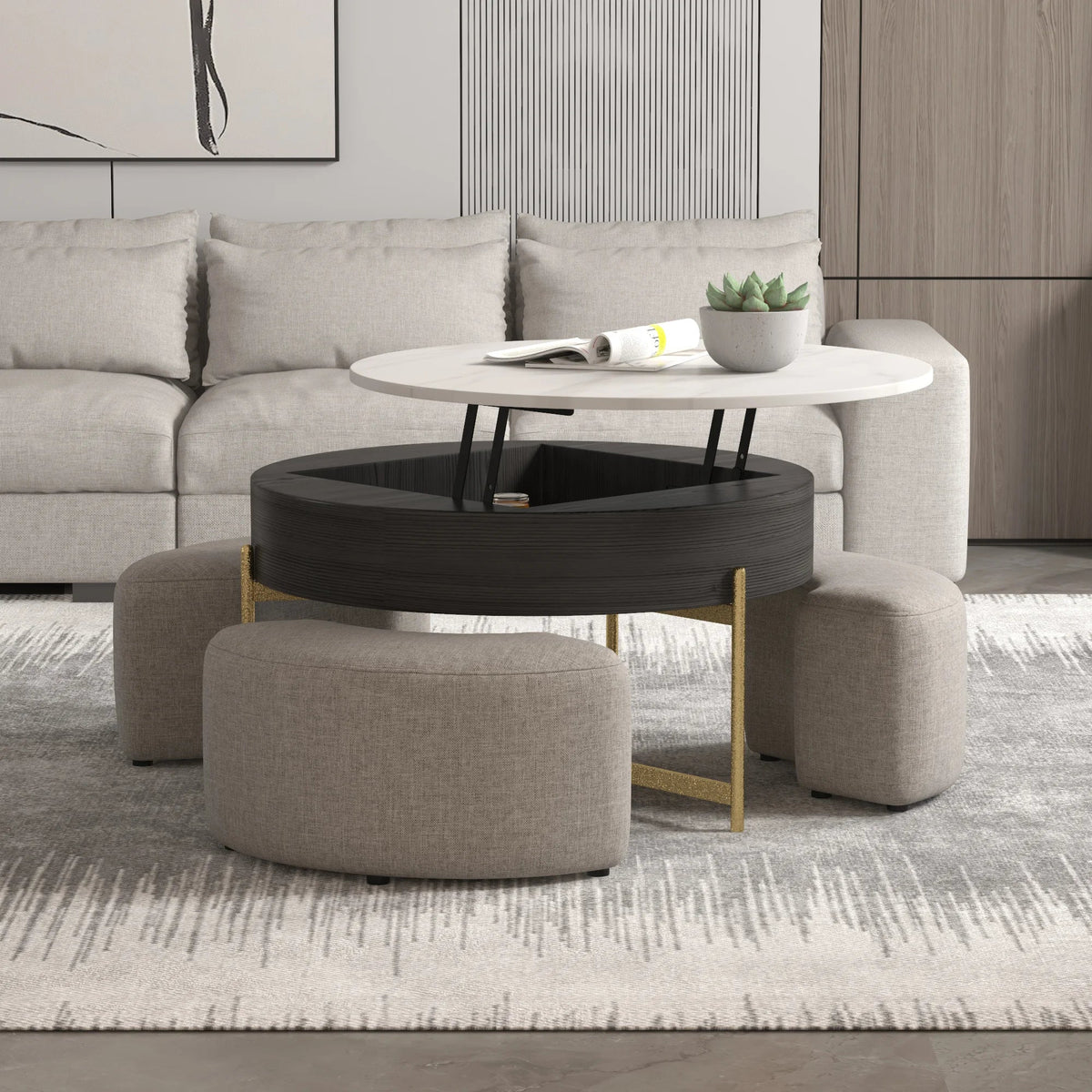 Aero Sintered Stone Coffee Table | 32" Monochrome Round With 3 Stools