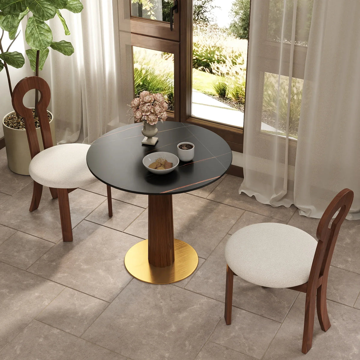 Nero Sintered Stone Bistro Table | 34" Black Round With Wood Base