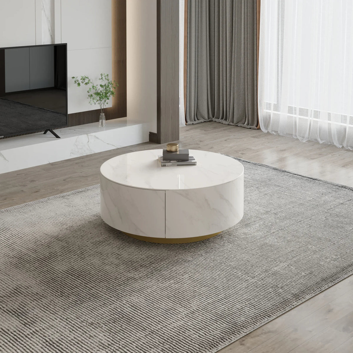 Aero Sintered Stone Coffee Table | 34" White Round With 2 Drawers