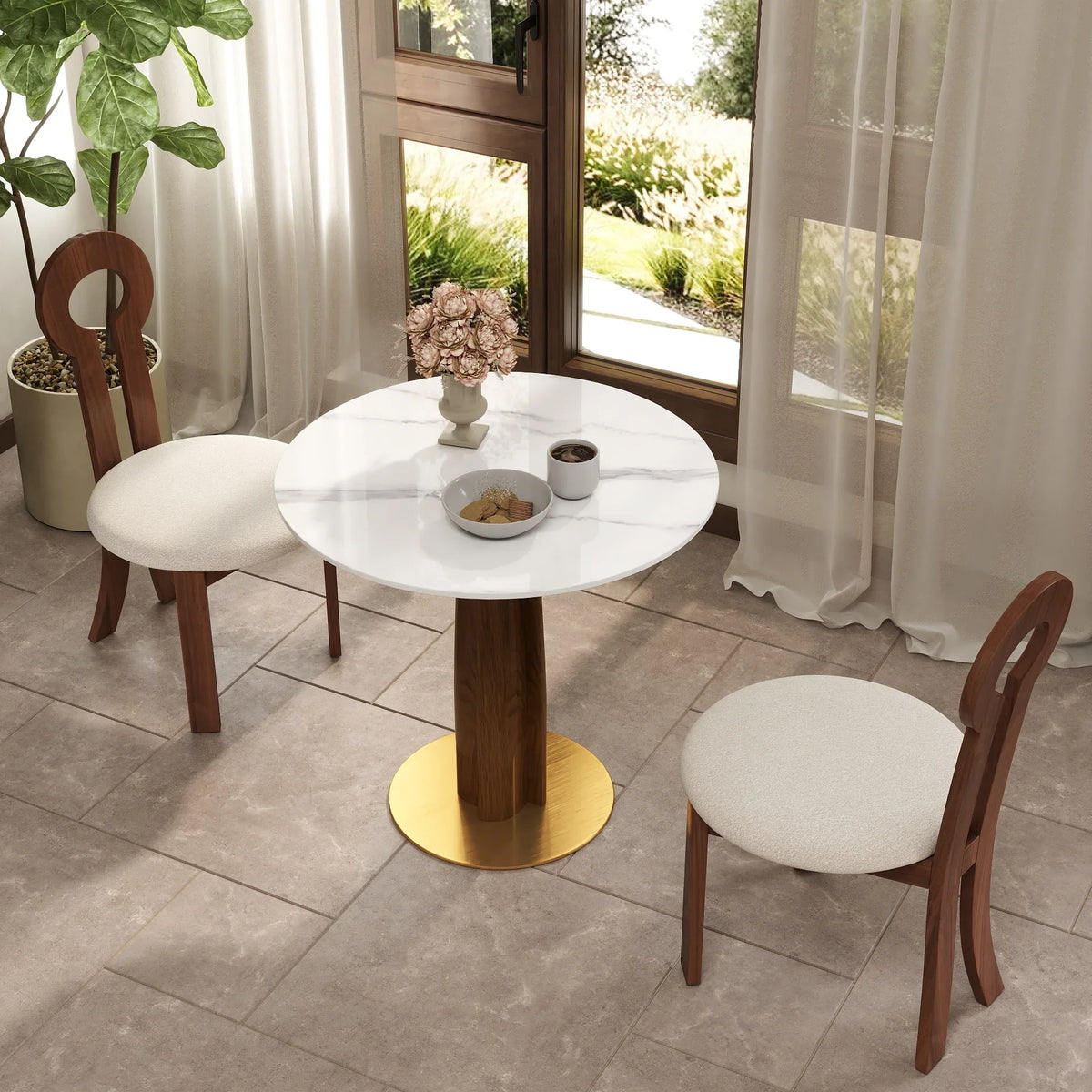 Nero Sintered Stone Bistro Table | 34" White Round With Wood Base