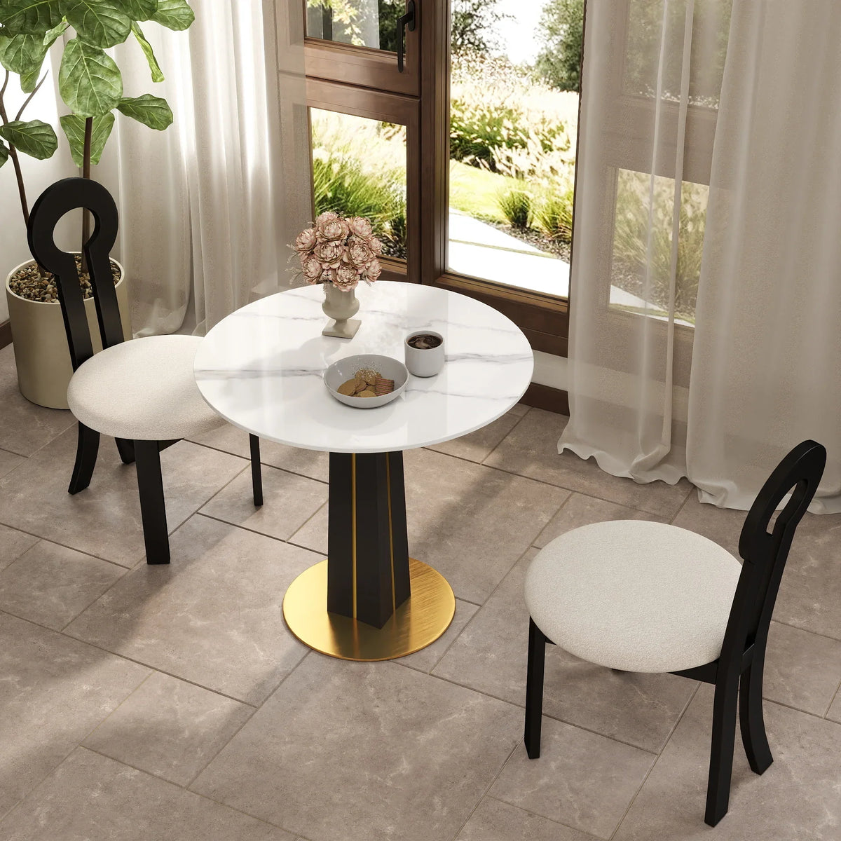 Nero Sintered Stone Bistro Table | 34" White Round With Wood Base