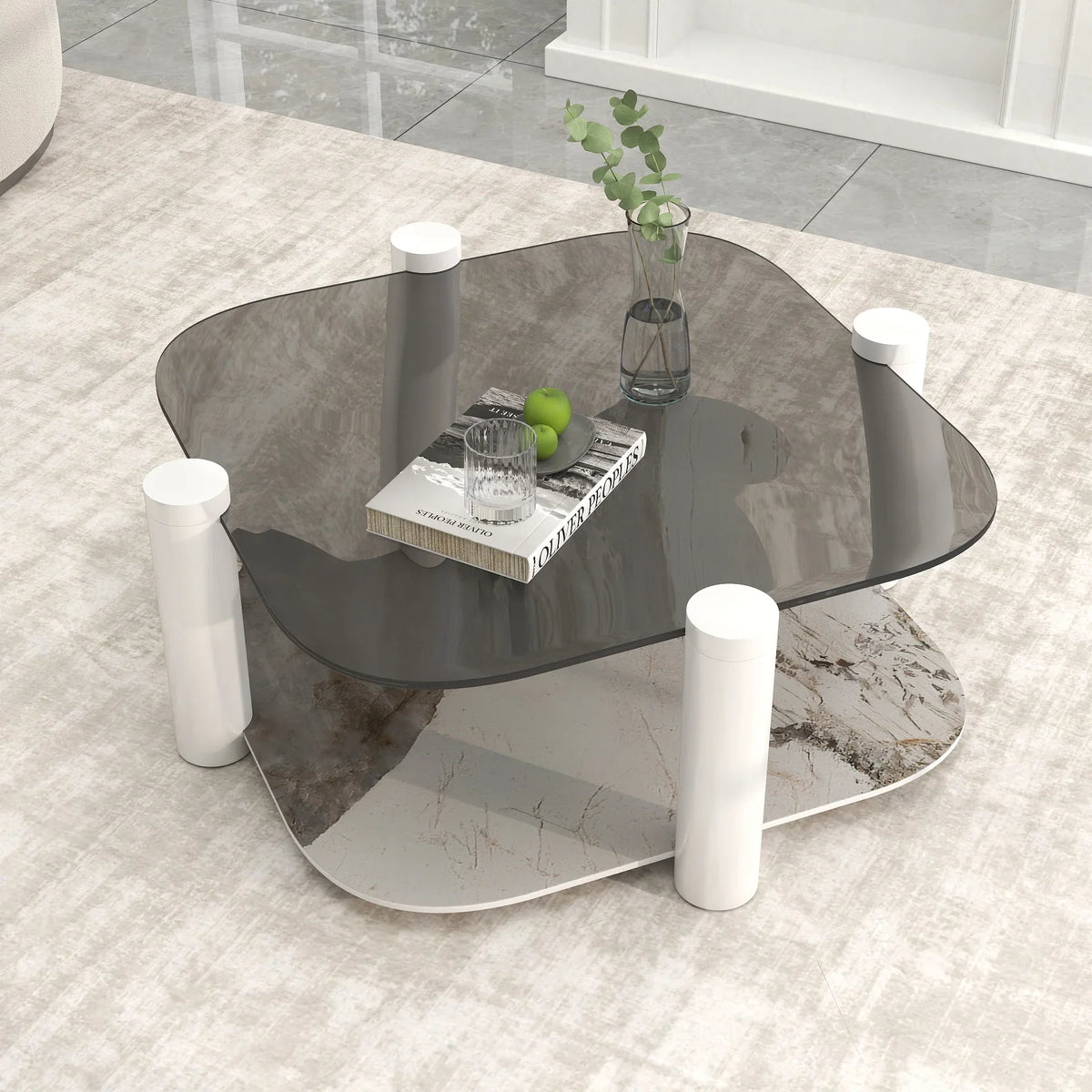 Zenith Glass Coffee Table | 36" Ivory Square With Storage Shelf