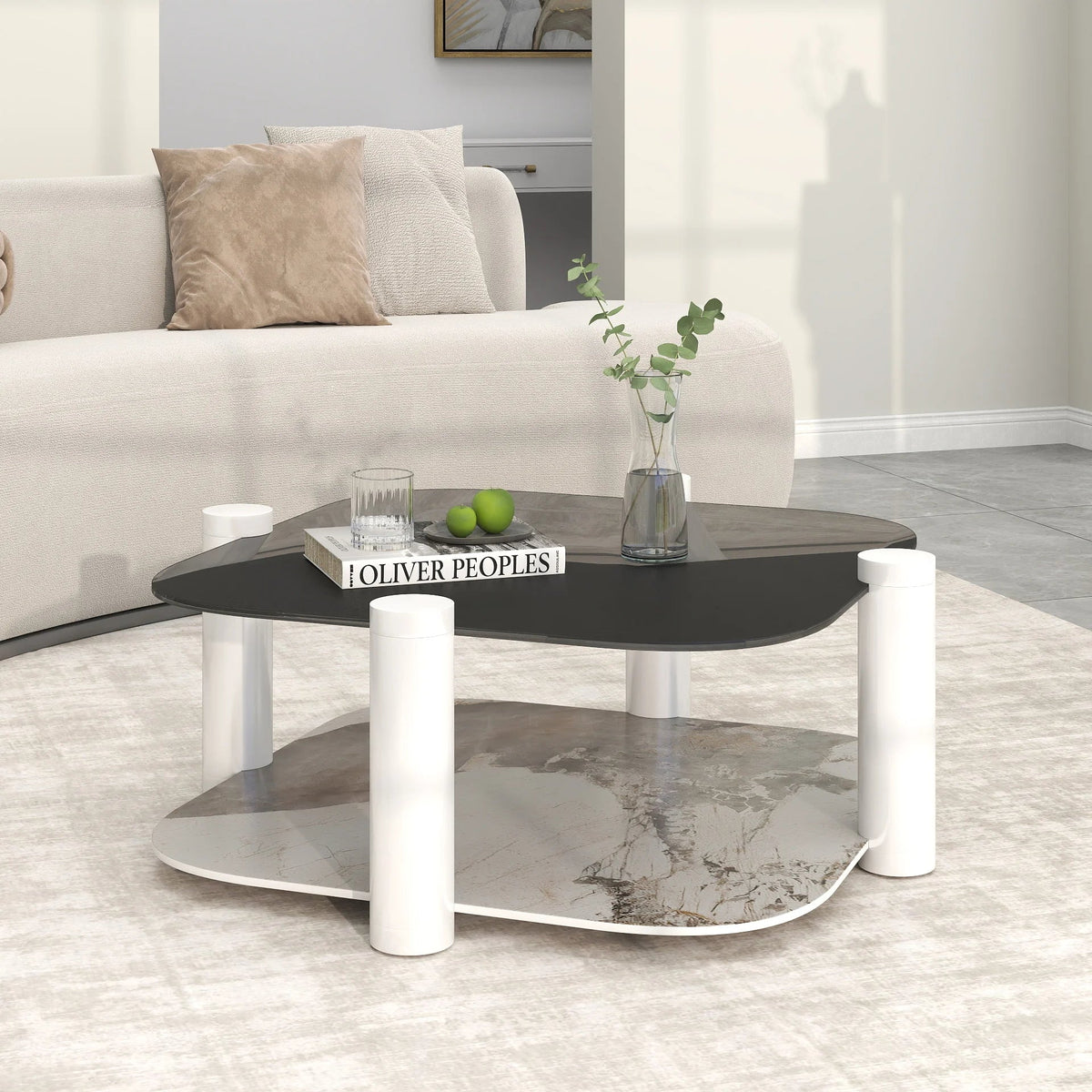 Zenith Glass Coffee Table | 36" Ivory Square With Storage Shelf