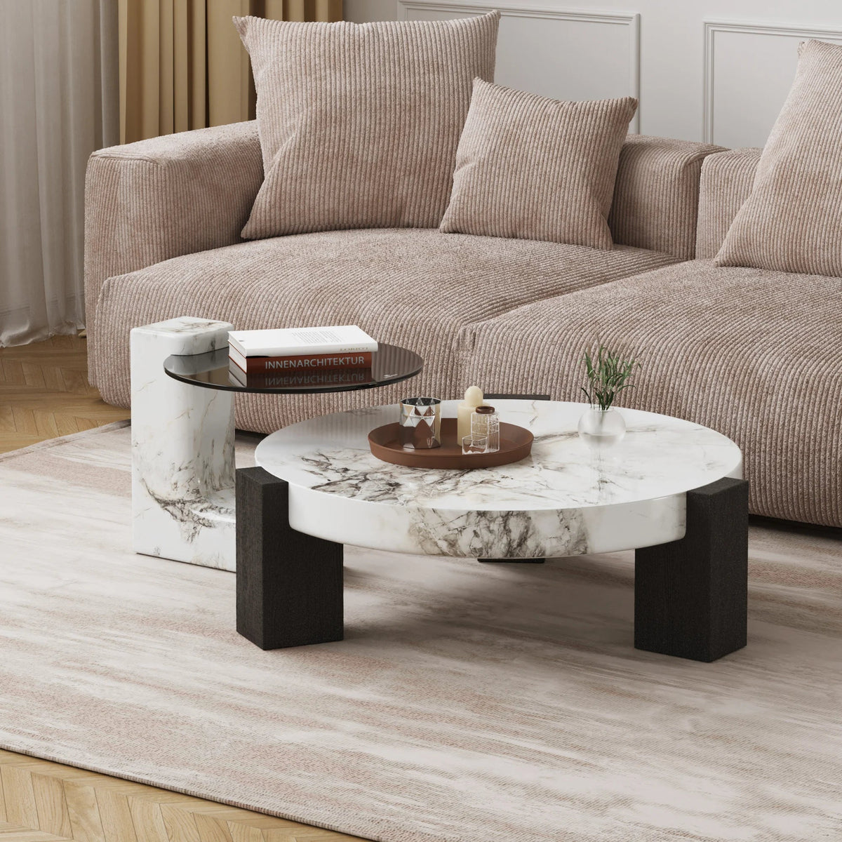 Aura Wood Coffee Table | 36" Monochrome Round With Nesting