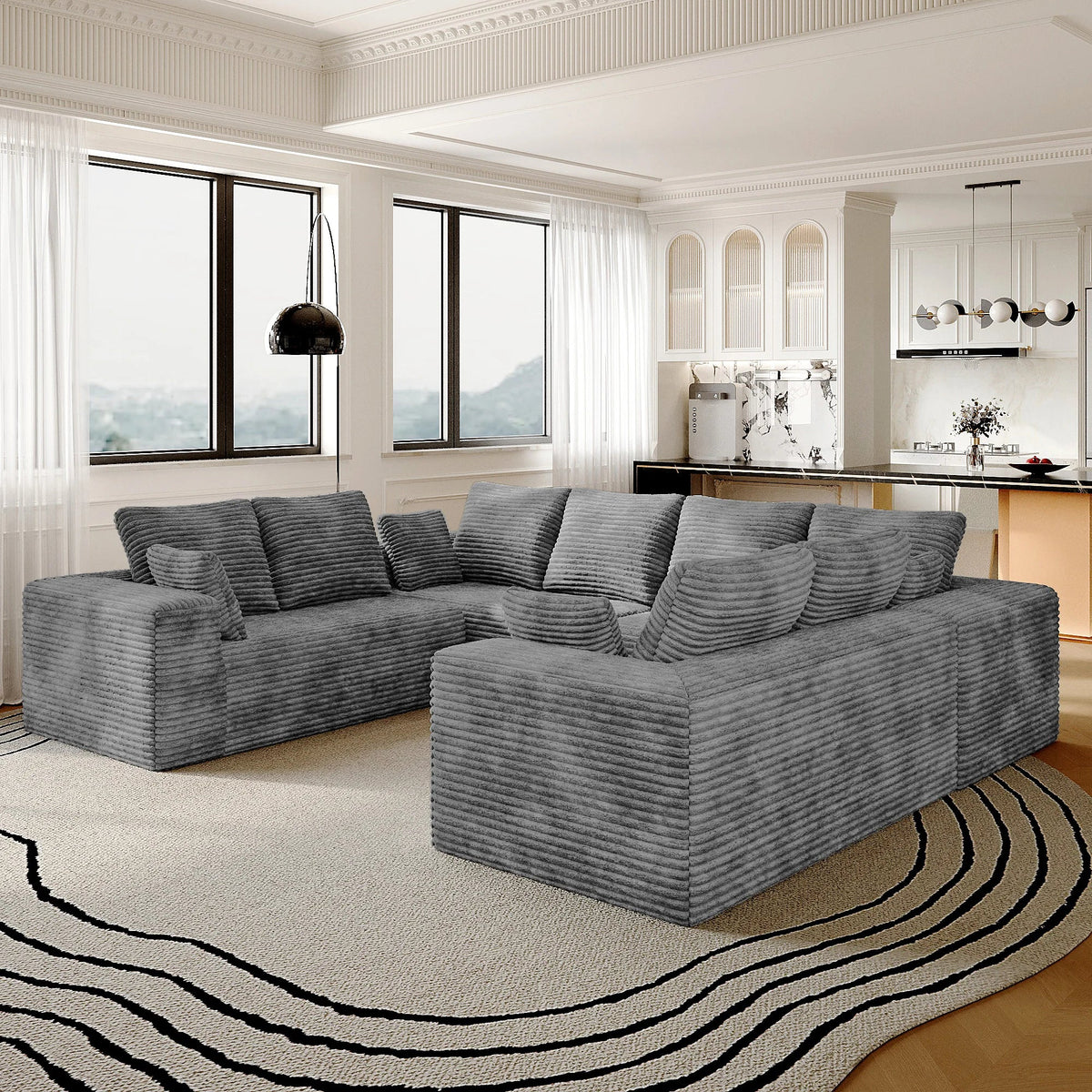 Matrix 8-Seater light-grey Modular Symmetrical Sectionals | 4-Piece, Corduroy Fabric, Spacious Design