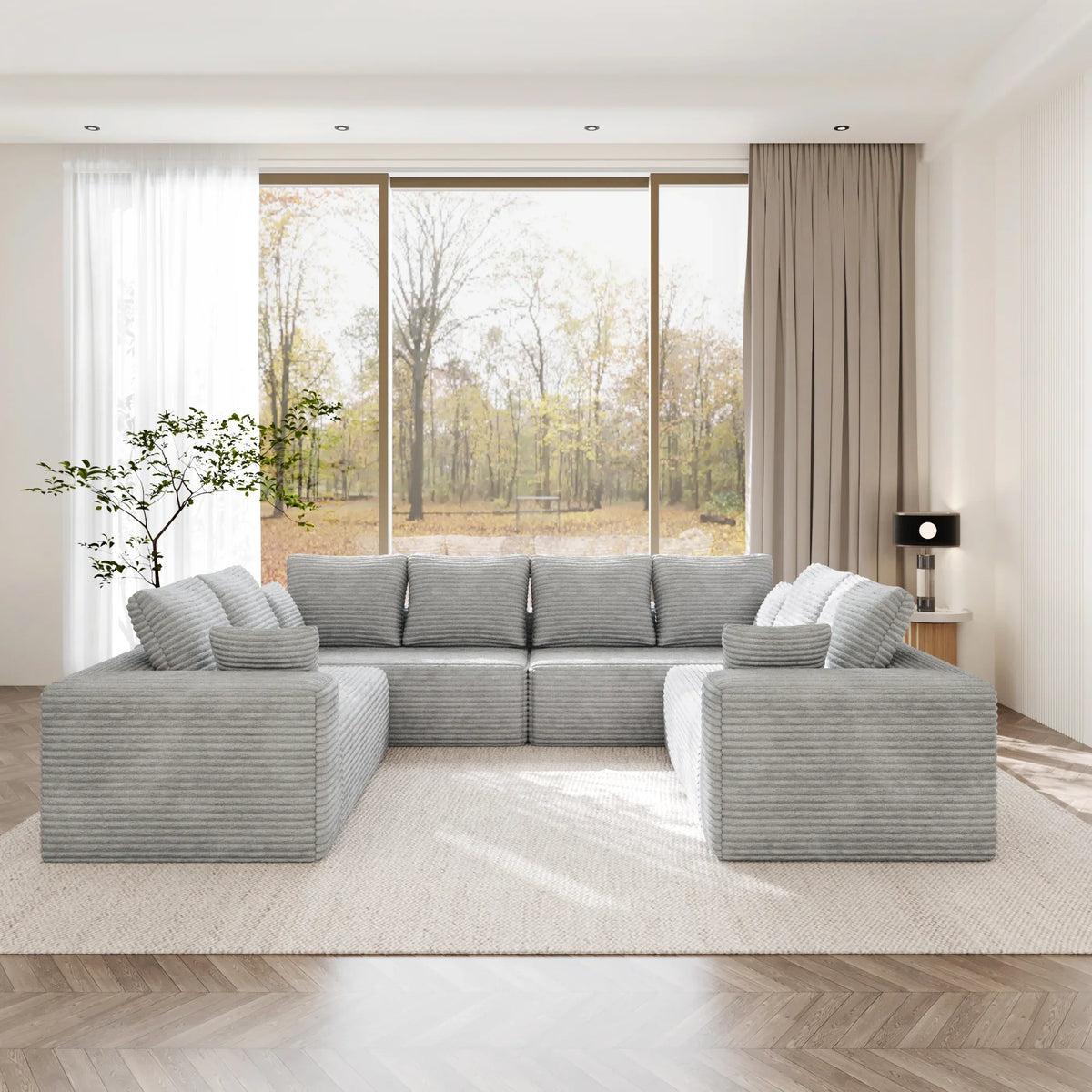 Matrix 8-Seater light-grey Modular Symmetrical Sectionals | 4-Piece, Corduroy Fabric, Spacious Design