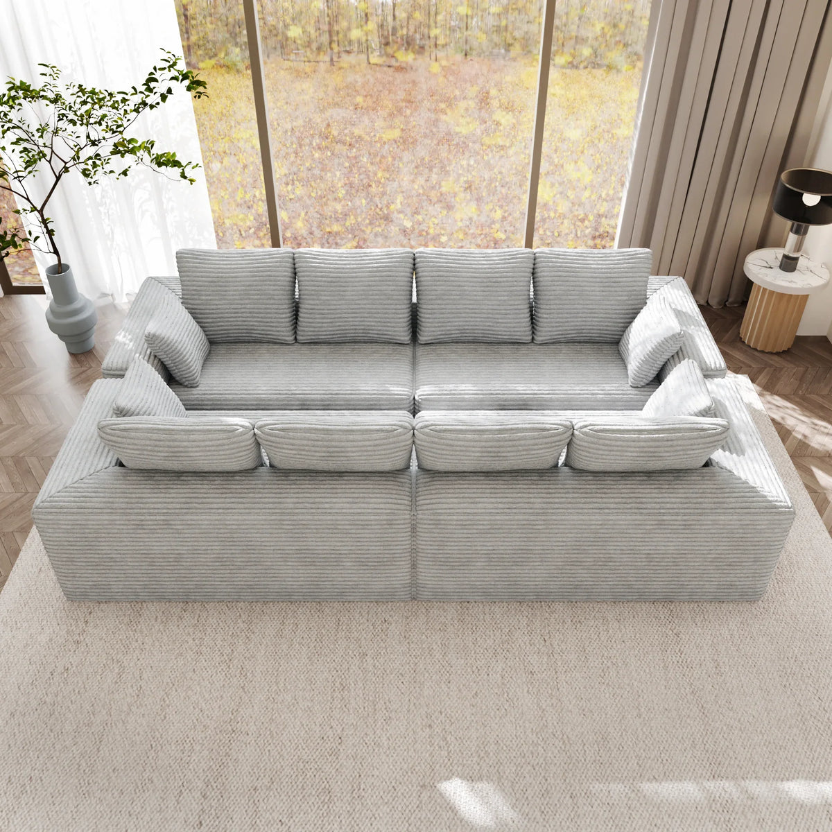 Matrix 8-Seater light-grey Modular Symmetrical Sectionals | 4-Piece, Corduroy Fabric, Spacious Design
