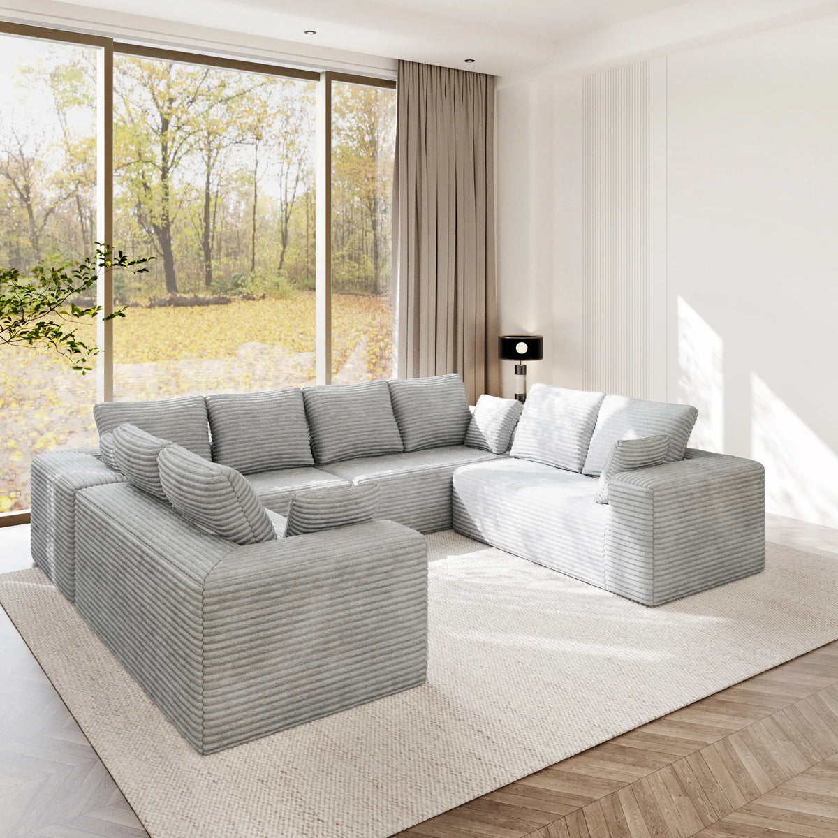 Matrix 8-Seater light-grey Modular Symmetrical Sectionals | 4-Piece, Corduroy Fabric, Spacious Design