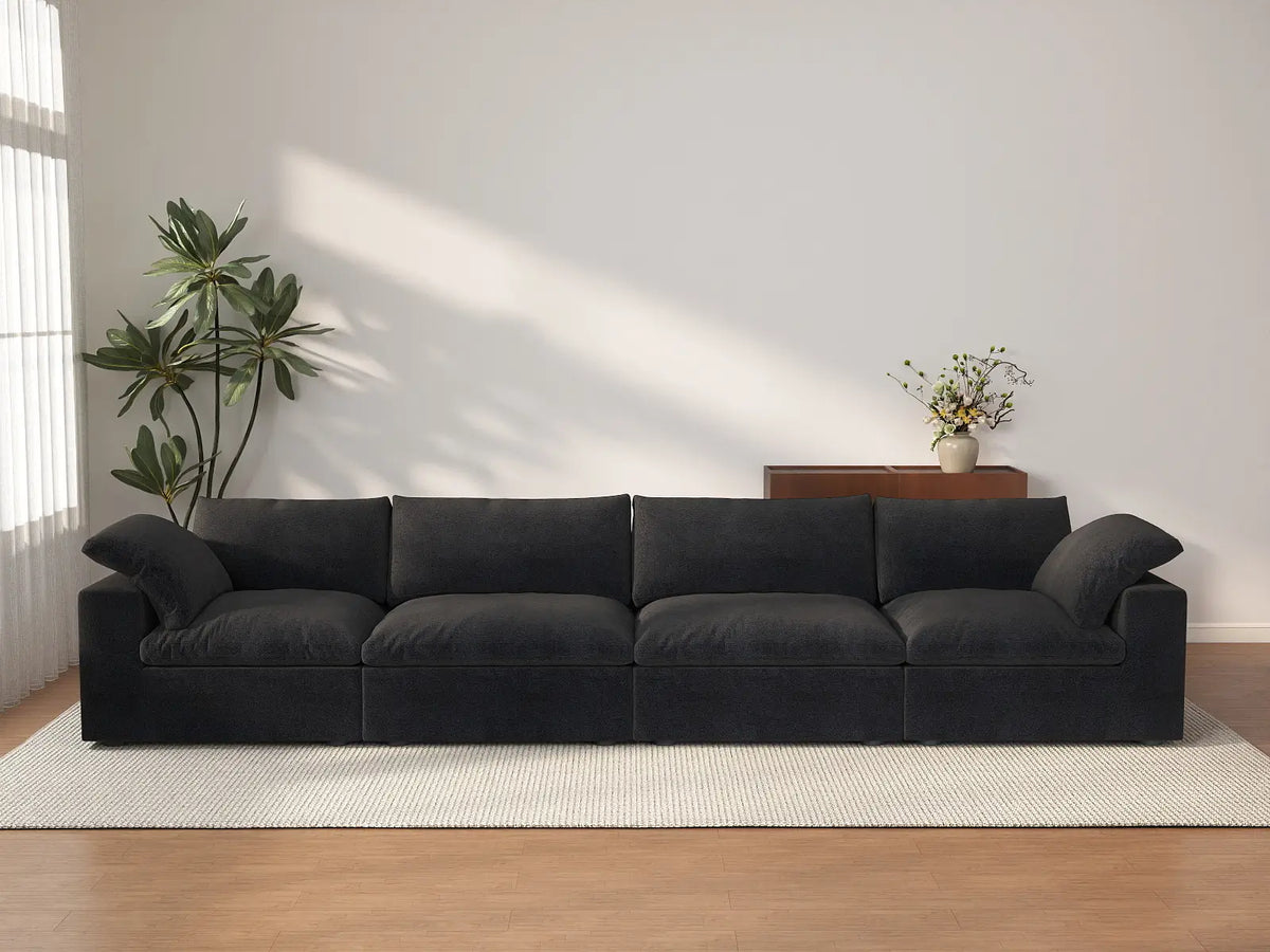 Deluxe Cloud 4-Seater Black Washable Couch Sectional | 4-Piece, Cotton and Linen Fabric, Modular Design