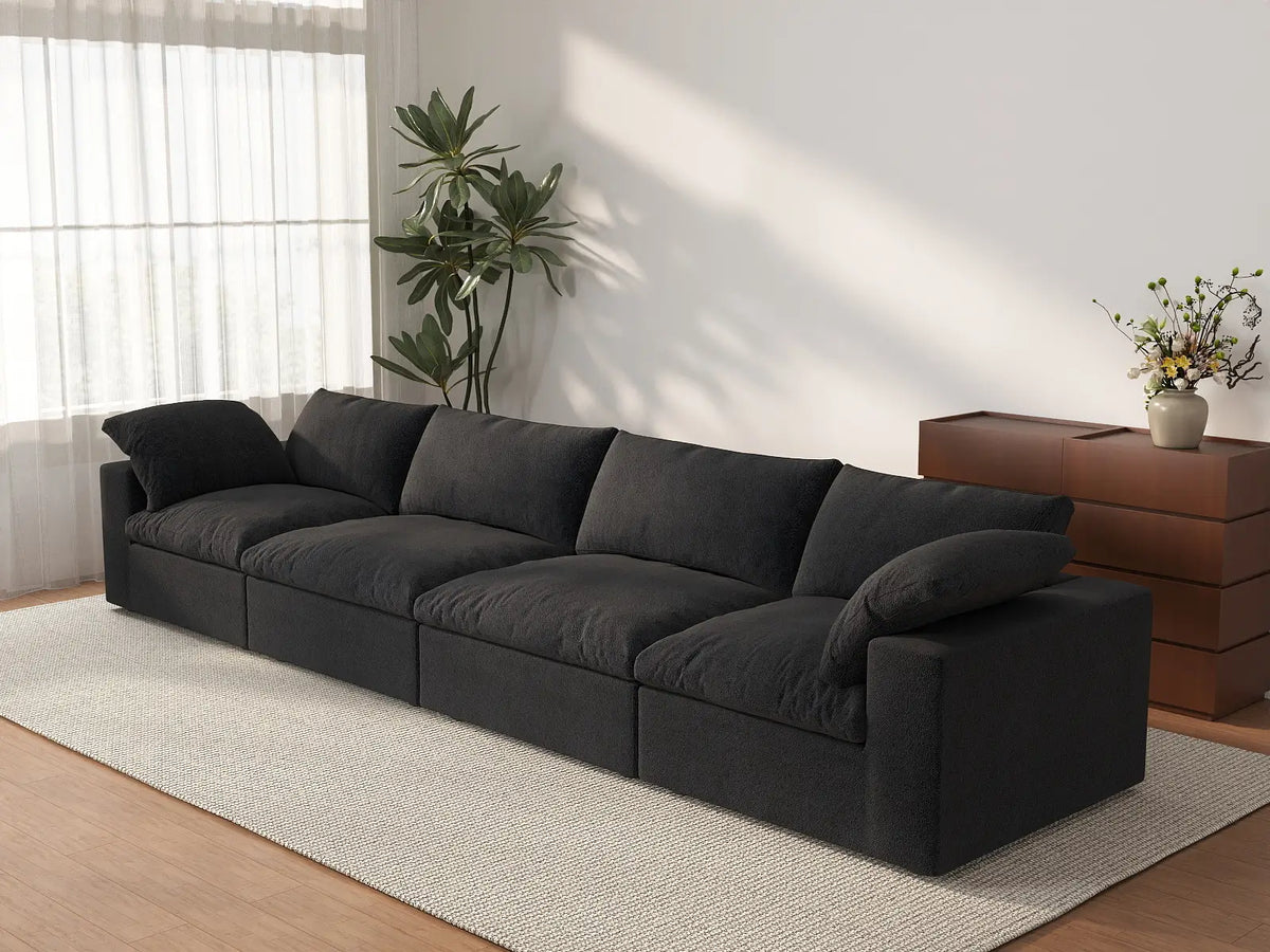 Deluxe Cloud 4-Seater Black Washable Couch Sectional | 4-Piece, Cotton and Linen Fabric, Modular Design