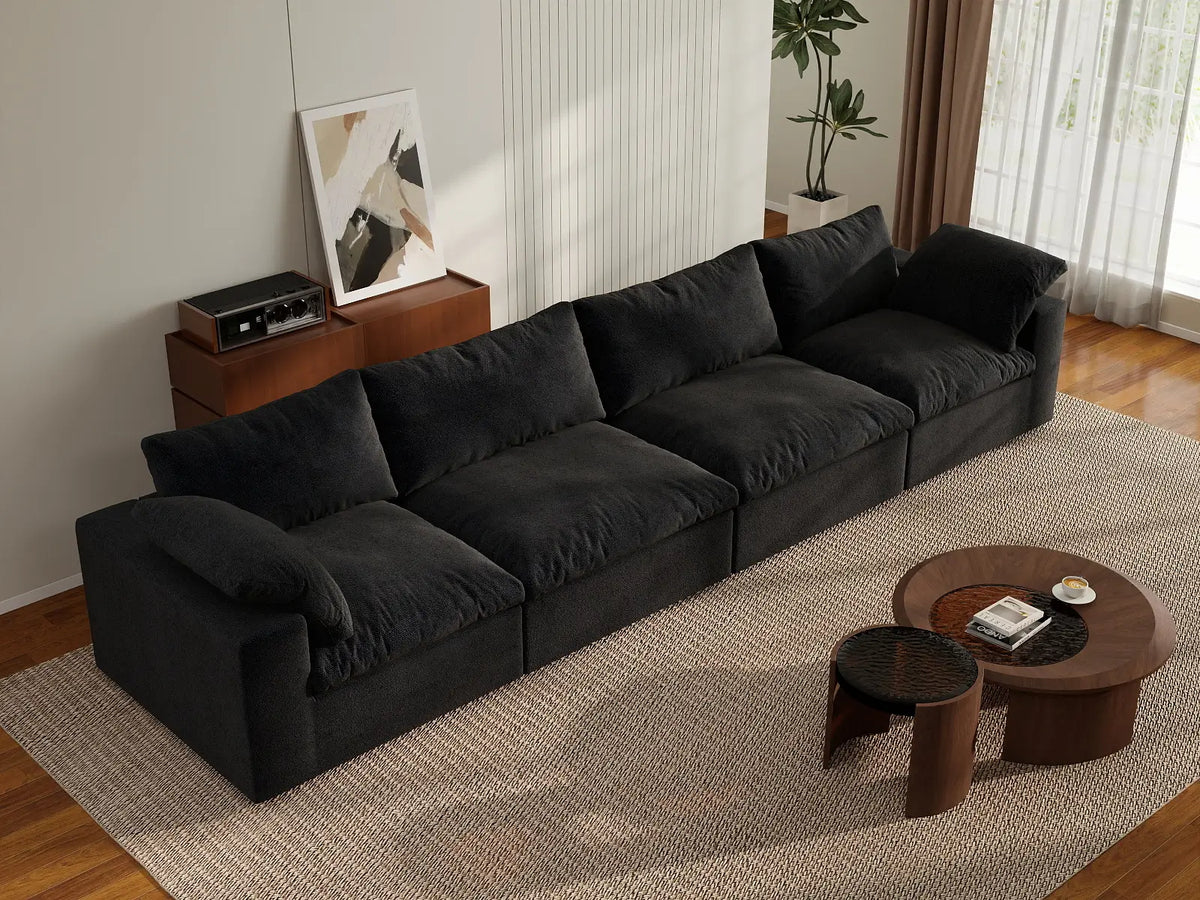 Deluxe Cloud 4-Seater Black Washable Couch Sectional | 4-Piece, Cotton and Linen Fabric, Modular Design