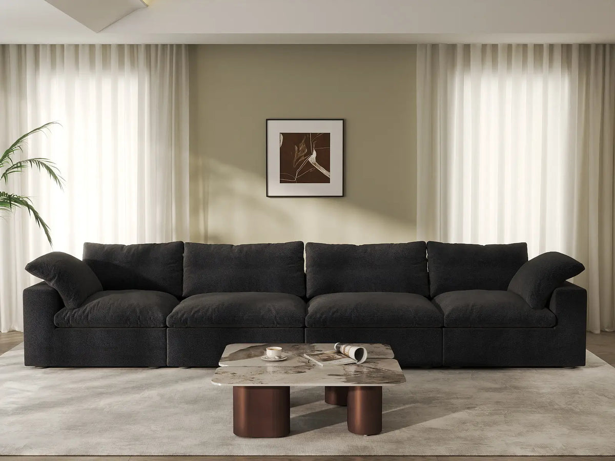 Deluxe Cloud 4-Seater Black Washable Couch Sectional | 4-Piece, Cotton and Linen Fabric, Modular Design