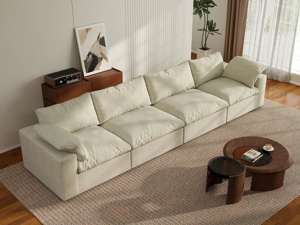 Deluxe Cloud 4-Seater Khaki Washable Couch Sectional | 4-Piece, Cotton and Linen Fabric, Modular Design