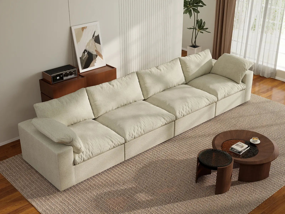 Deluxe Cloud 4-Seater Khaki Washable Couch Sectional | 4-Piece, Cotton and Linen Fabric, Modular Design