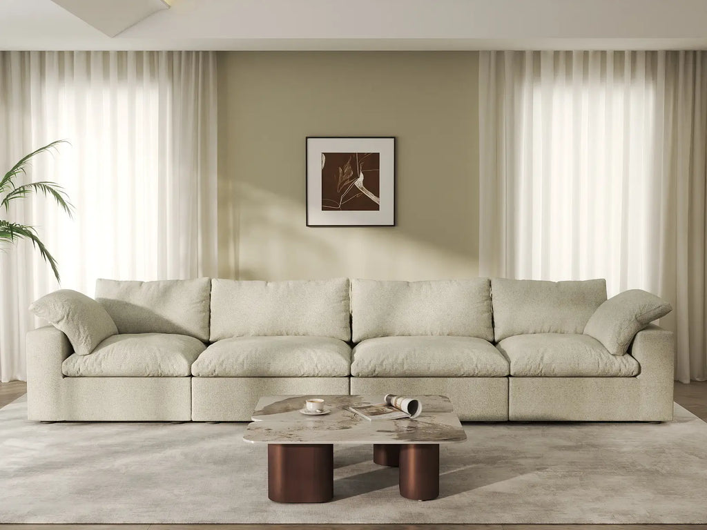 Deluxe Cloud 4-Seater Khaki Washable Couch Sectional | 4-Piece, Cotton and Linen Fabric, Modular Design