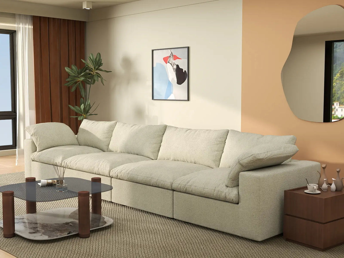 Deluxe Cloud 4-Seater Khaki Washable Couch Sectional | 4-Piece, Cotton and Linen Fabric, Modular Design
