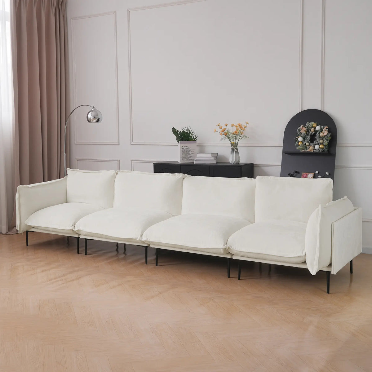 Deluxe Cloud 4-Seater Beige Modular Couch Sectional | 4-Piece, Velvet Fabric, Large Space