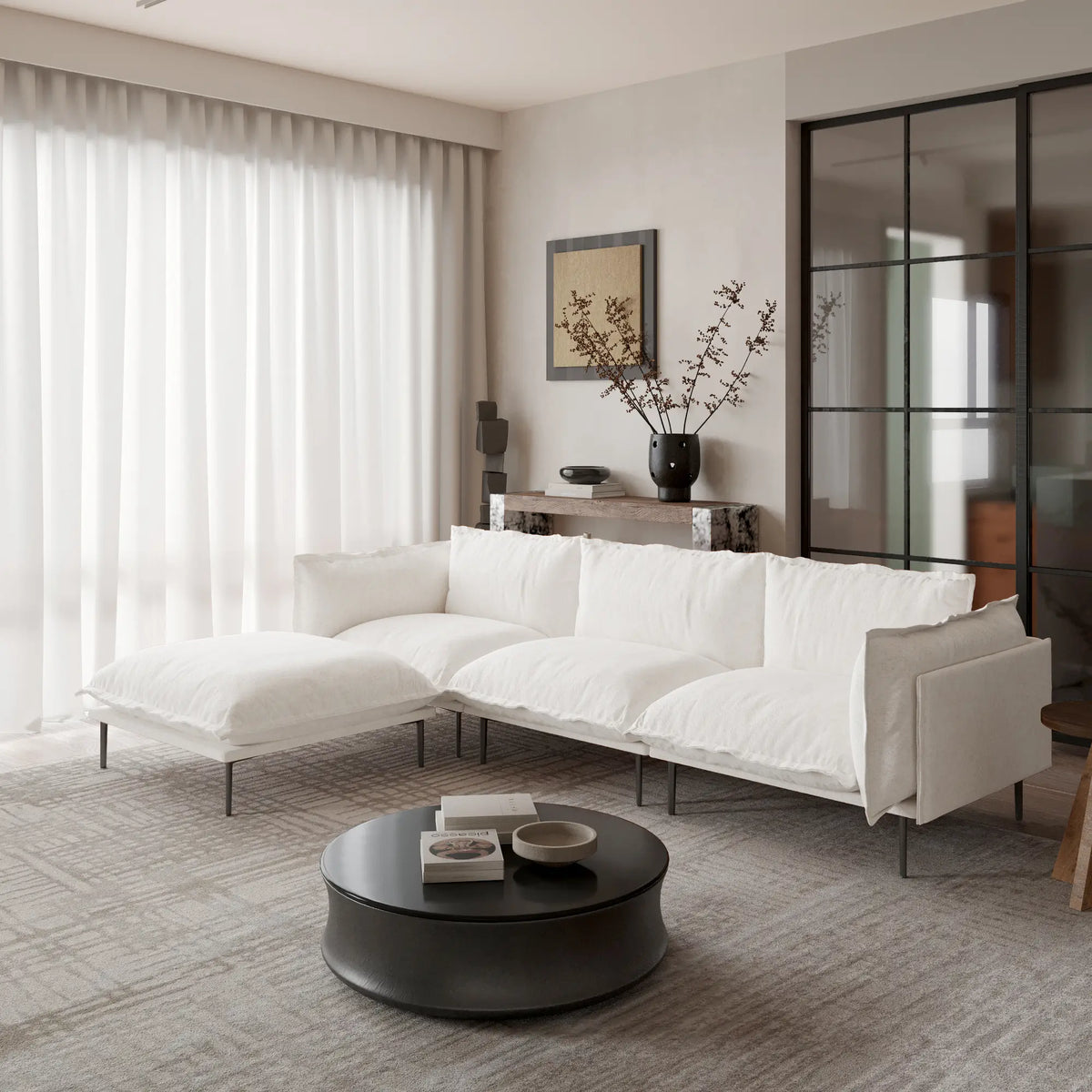 Deluxe Cloud 3-Seater Beige Modular L-Shaped Sectional | 4-Piece (includes 1 Ottoman), Velvet Fabric, Large Space