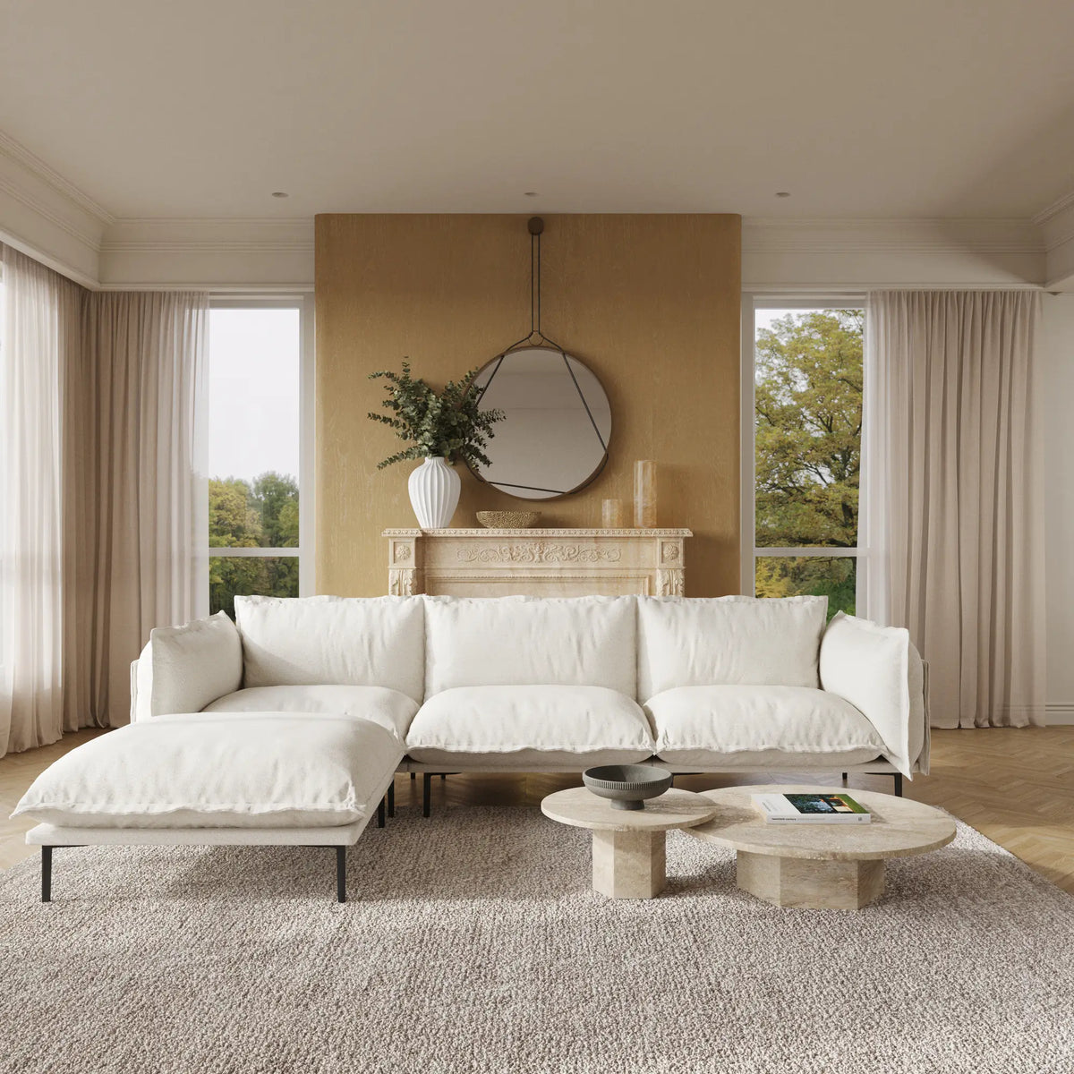 Deluxe Cloud 3-Seater Beige Modular L-Shaped Sectional | 4-Piece (includes 1 Ottoman), Velvet Fabric, Large Space