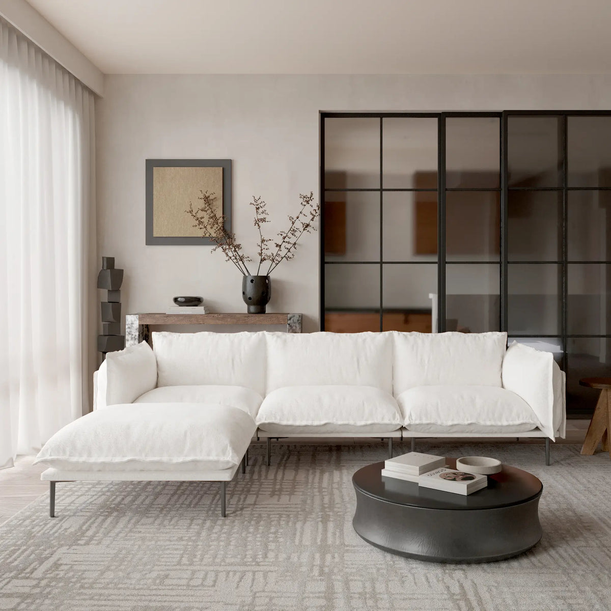 Deluxe Cloud 3-Seater Beige Modular L-Shaped Sectional | 4-Piece (includes 1 Ottoman), Velvet Fabric, Large Space