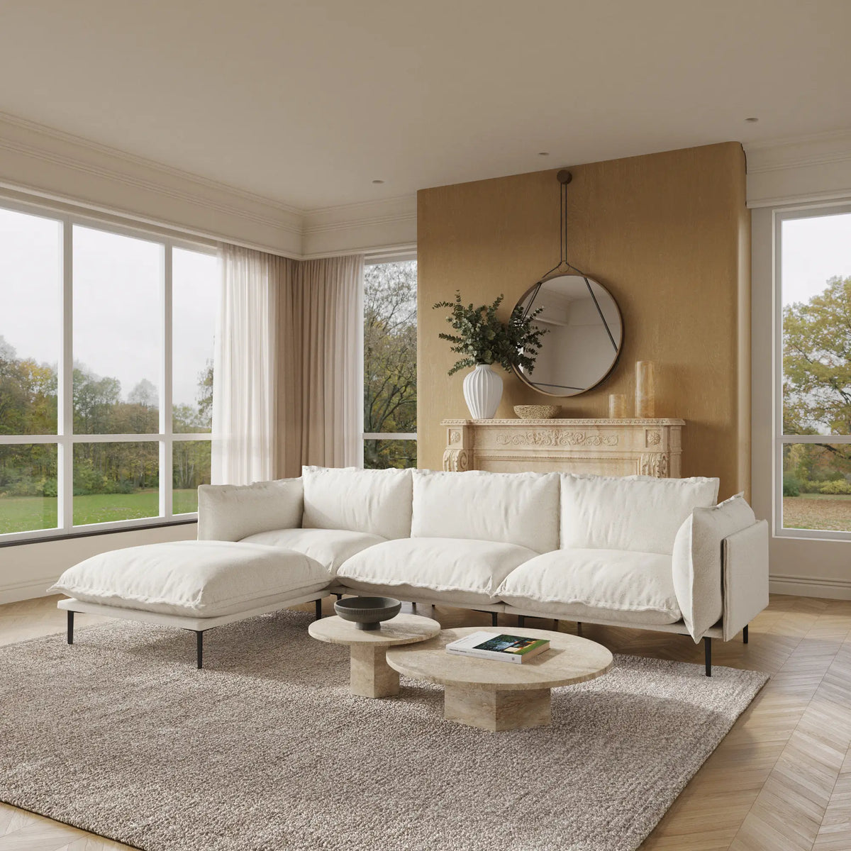Deluxe Cloud 3-Seater Beige Modular L-Shaped Sectional | 4-Piece (includes 1 Ottoman), Velvet Fabric, Large Space