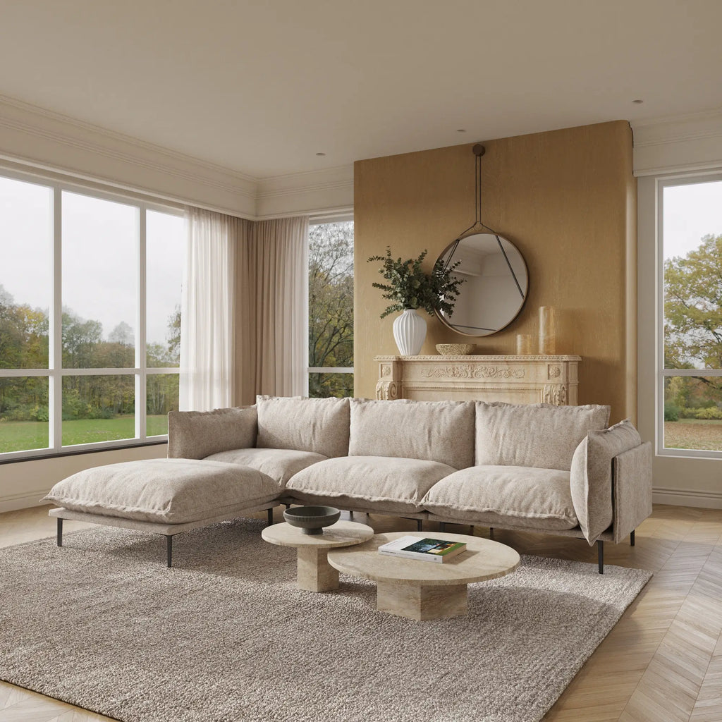 Deluxe Cloud 3-Seater Brown Modular L-Shaped Sectional | 4-Piece (includes 1 Ottoman), Velvet Fabric, Spacious Design