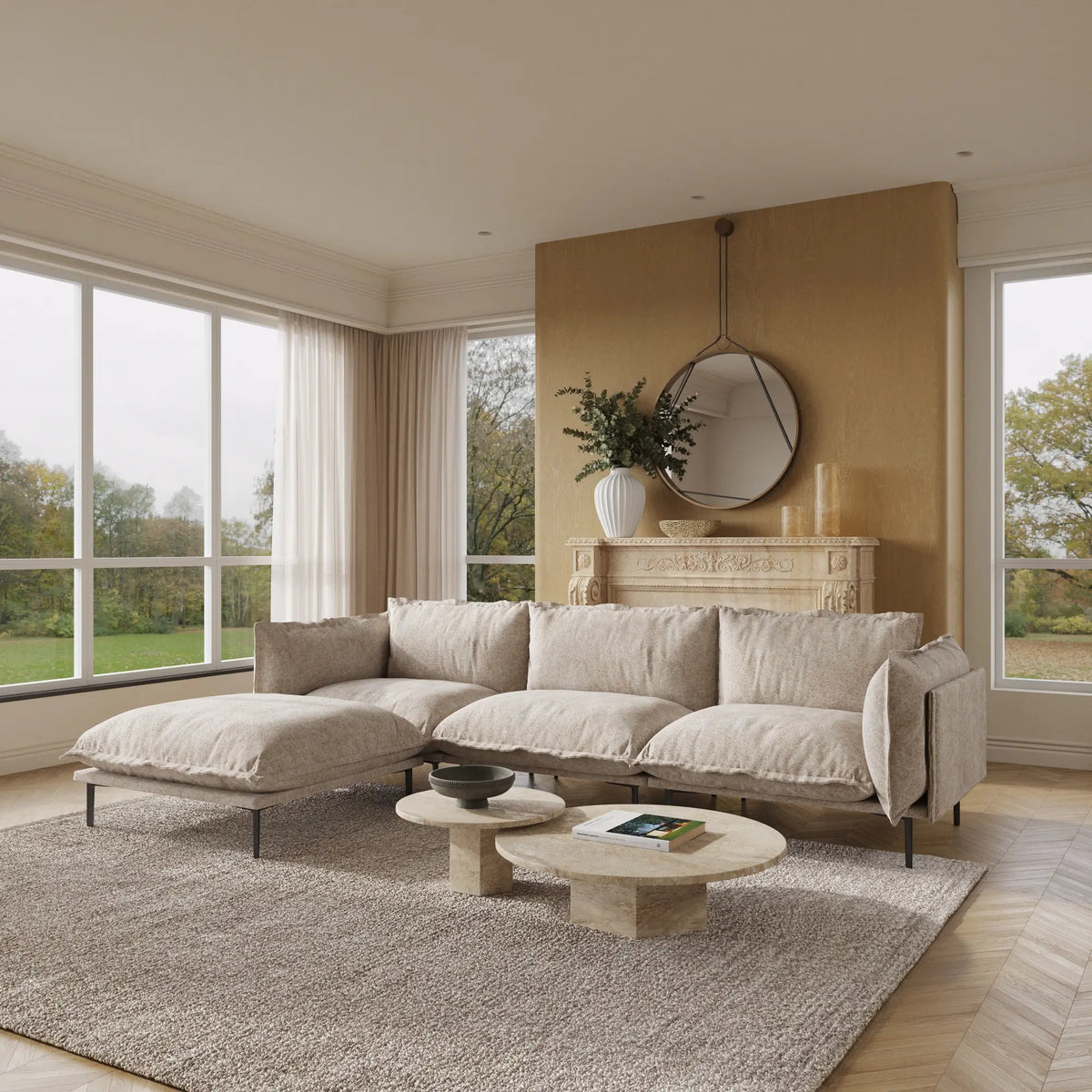 Deluxe Cloud 3-Seater Brown Modular L-Shaped Sectional | 4-Piece (includes 1 Ottoman), Velvet Fabric, Spacious Design