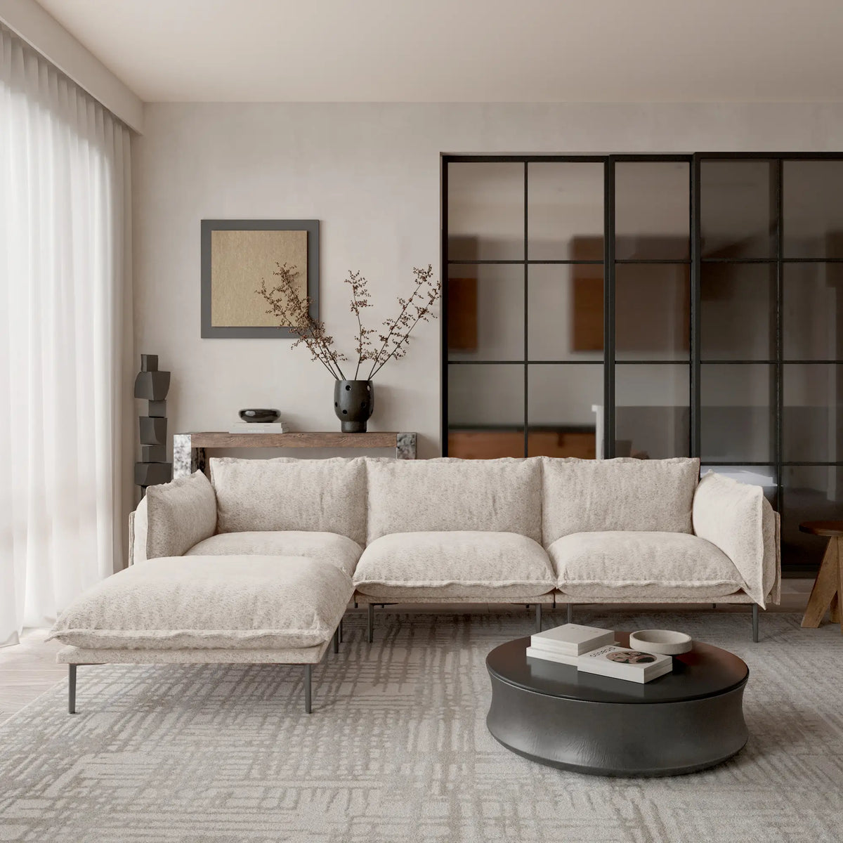 Deluxe Cloud 3-Seater Brown Modular L-Shaped Sectional | 4-Piece (includes 1 Ottoman), Velvet Fabric, Spacious Design