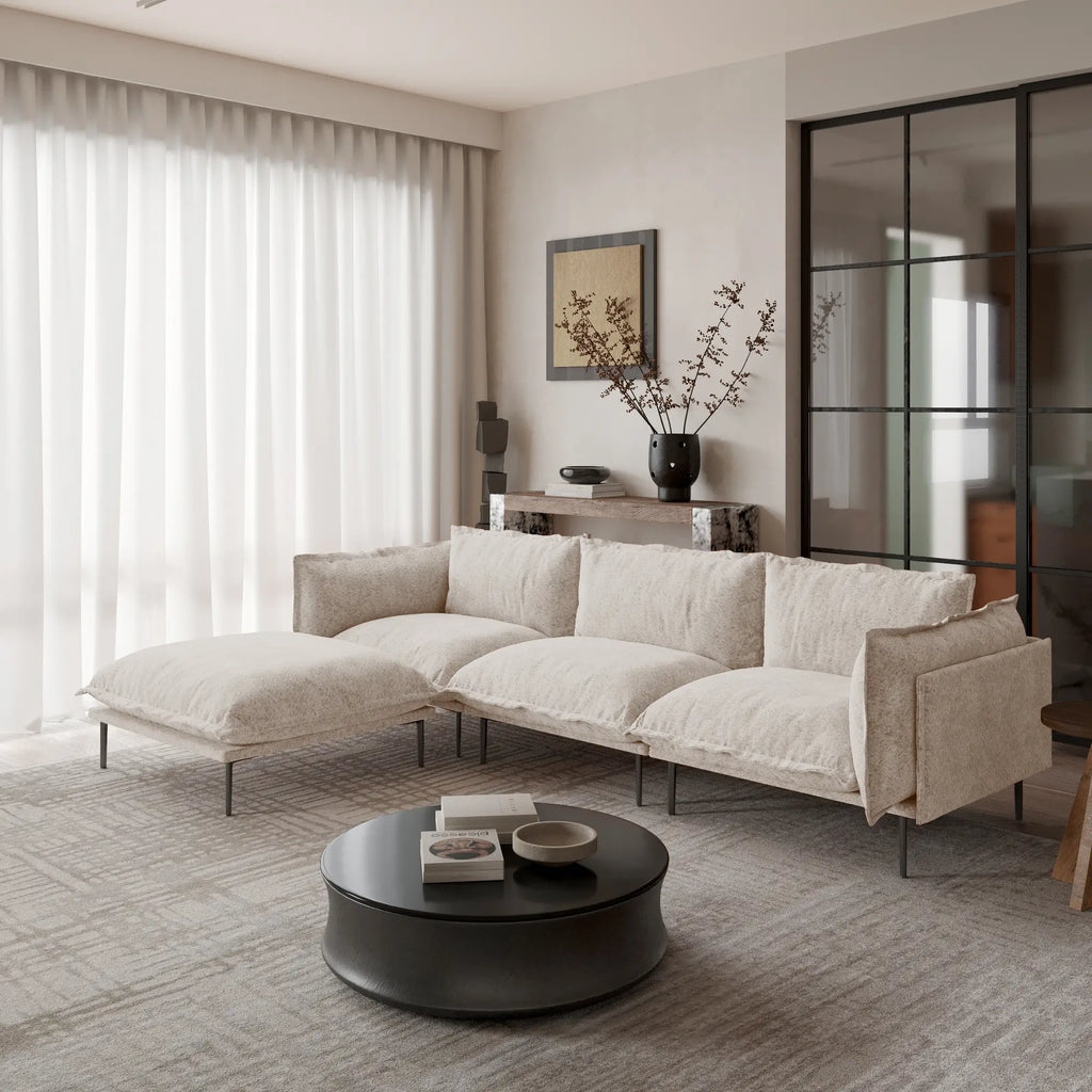 Deluxe Cloud 3-Seater Brown Modular L-Shaped Sectional | 4-Piece (includes 1 Ottoman), Velvet Fabric, Spacious Design