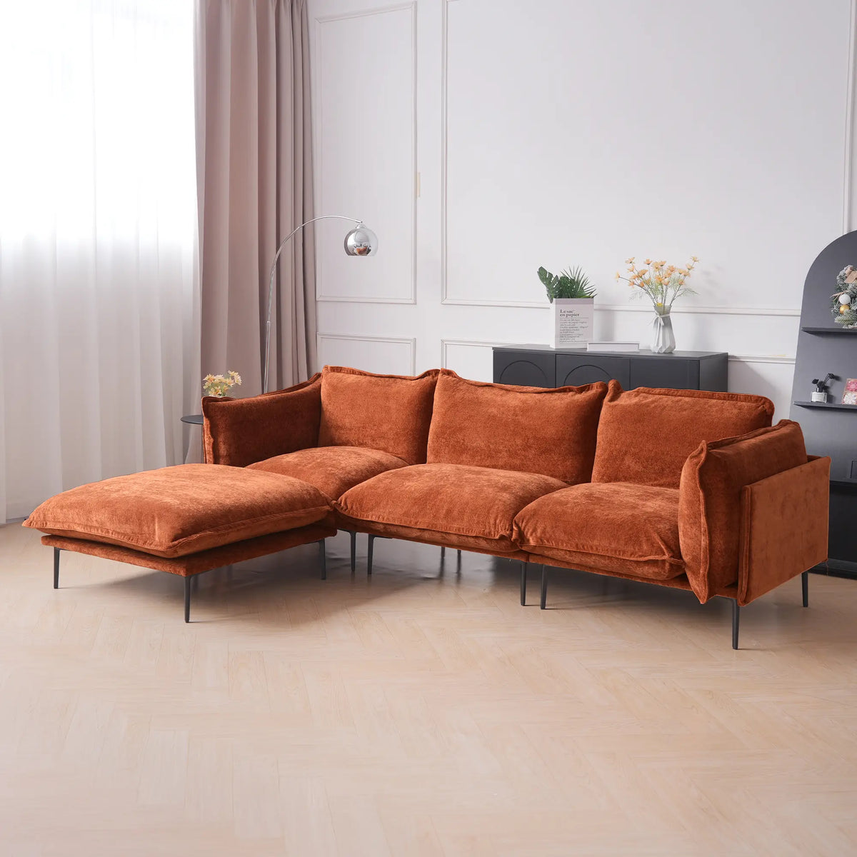 Deluxe Cloud 3-Seater Orange Modular L-Shaped Sectional | 4-Piece (includes 1 Ottoman), Velvet Fabric, Roomy Layout