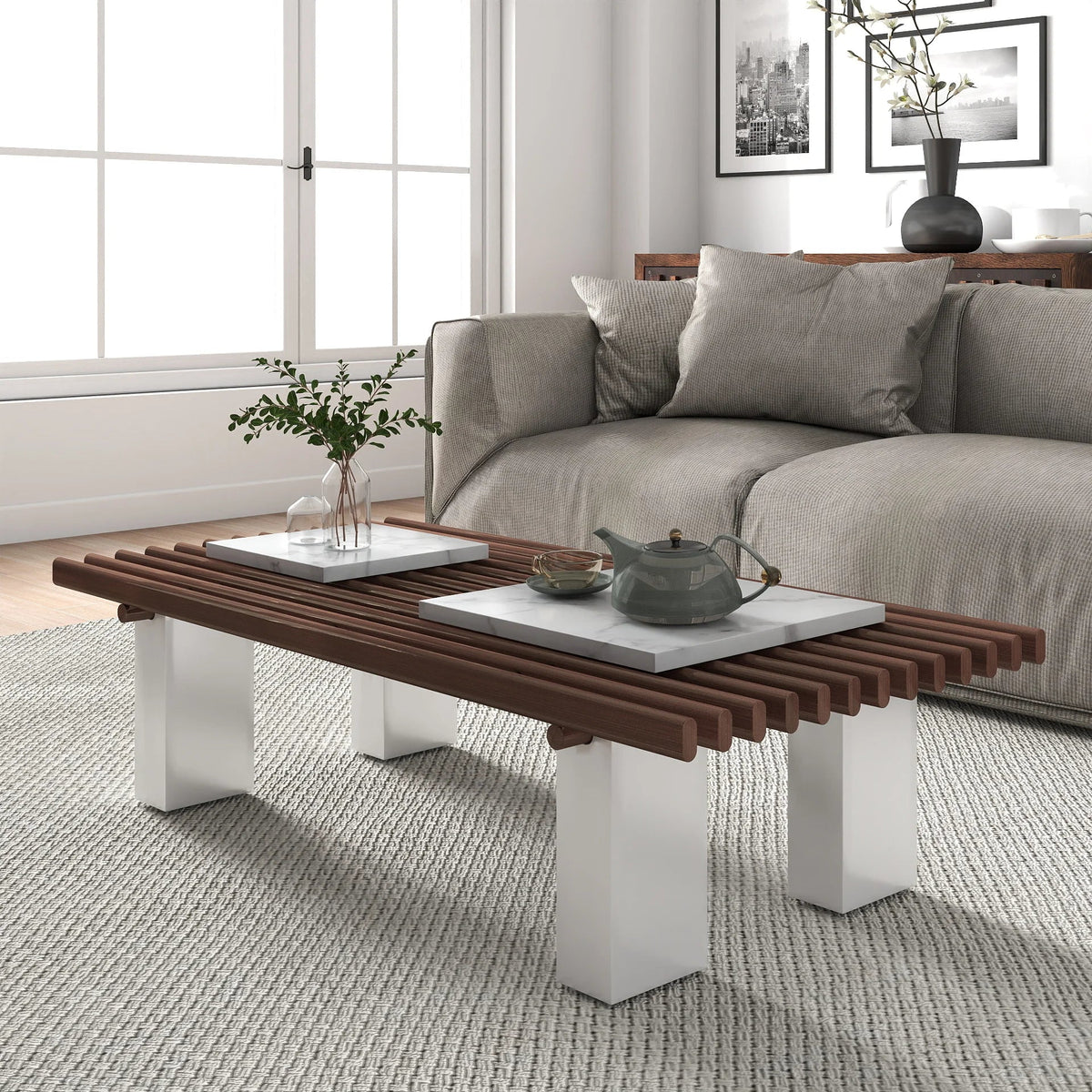 Grandeur Faux Marble Coffee Table | 48" Copper Rectangular With Removeable Marble Slab