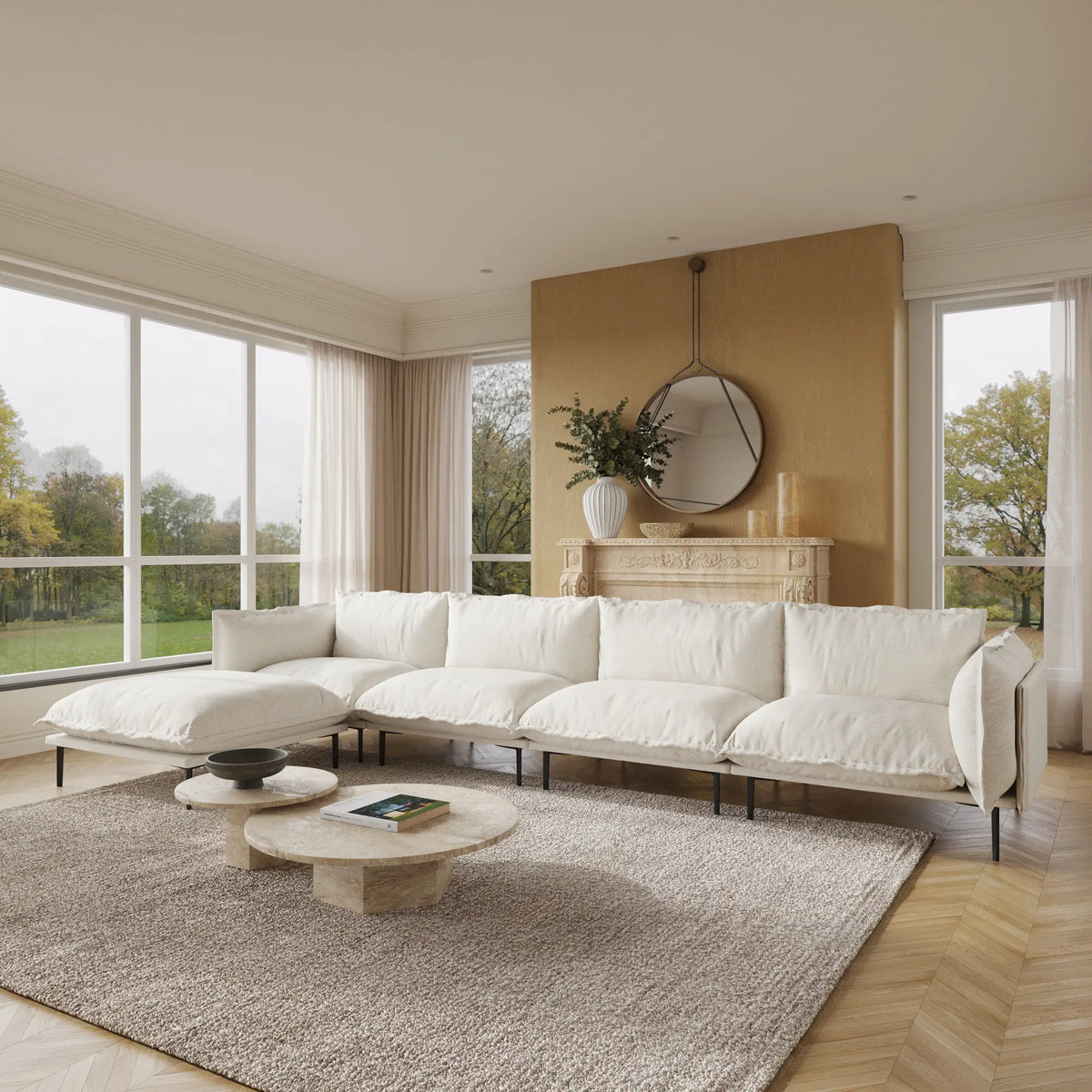 Deluxe Cloud 4-Seater Beige Modular L-Shaped Sectional | 5-Piece (includes 1 Ottoman), Velvet Fabric, Large Space