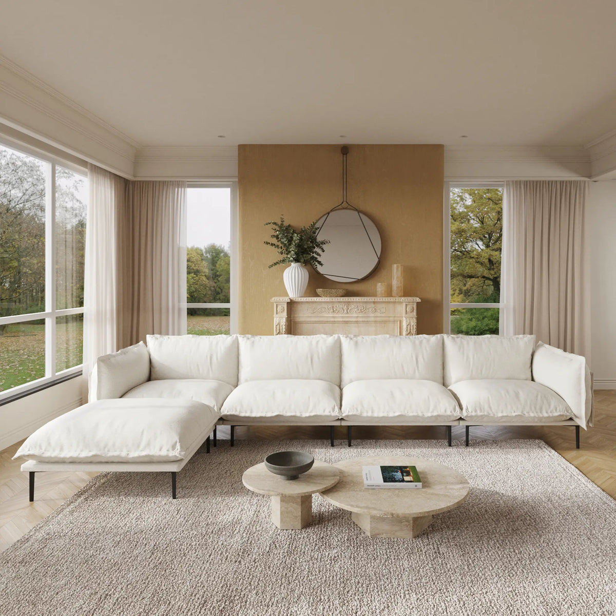 Deluxe Cloud 4-Seater Beige Modular L-Shaped Sectional | 5-Piece (includes 1 Ottoman), Velvet Fabric, Large Space