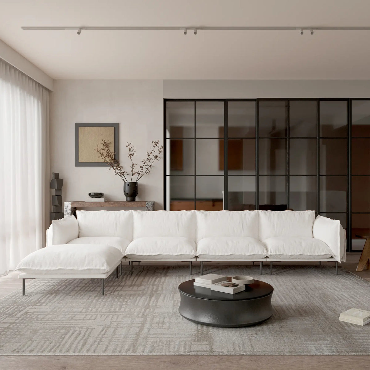 Deluxe Cloud 4-Seater Beige Modular L-Shaped Sectional | 5-Piece (includes 1 Ottoman), Velvet Fabric, Large Space