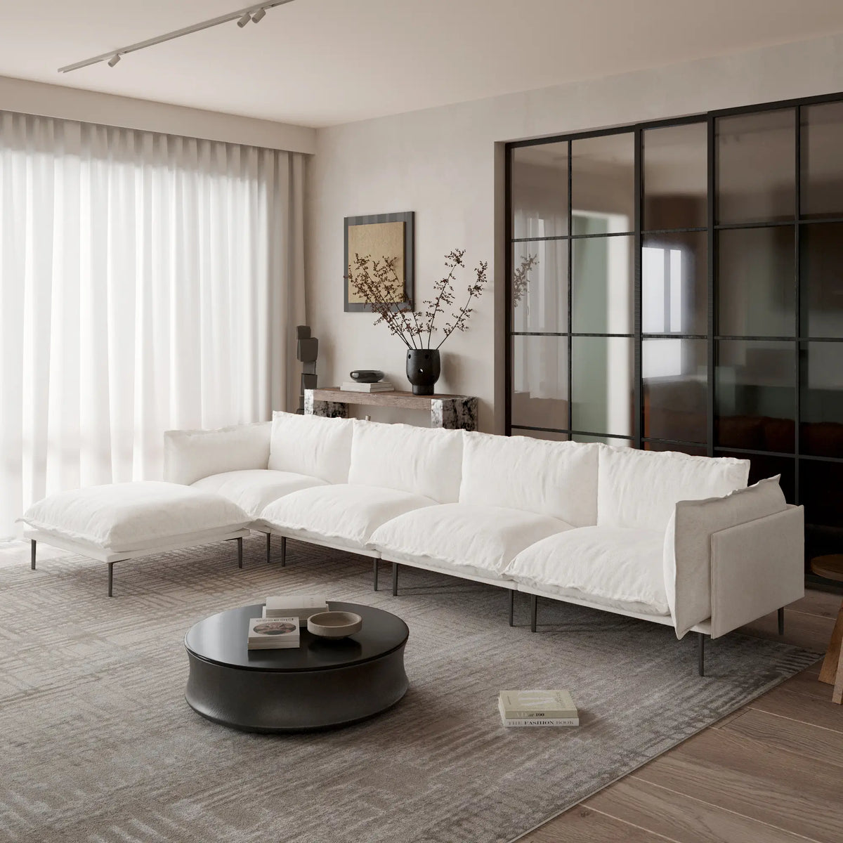 Deluxe Cloud 4-Seater Beige Modular L-Shaped Sectional | 5-Piece (includes 1 Ottoman), Velvet Fabric, Large Space