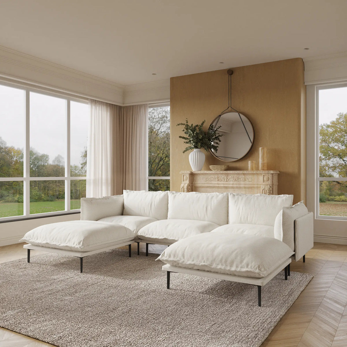 Deluxe Cloud 3-Seater Beige Modular U-Shaped Sectional | 5-Piece (includes 2 Ottomans), Velvet Fabric, Large Space