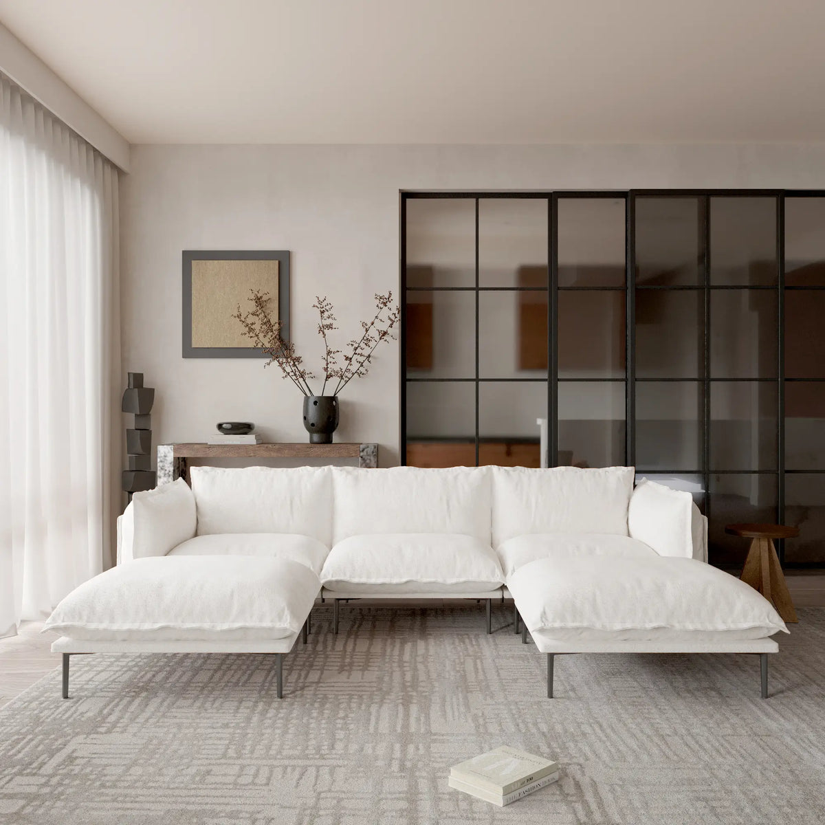Deluxe Cloud 3-Seater Beige Modular U-Shaped Sectional | 5-Piece (includes 2 Ottomans), Velvet Fabric, Large Space