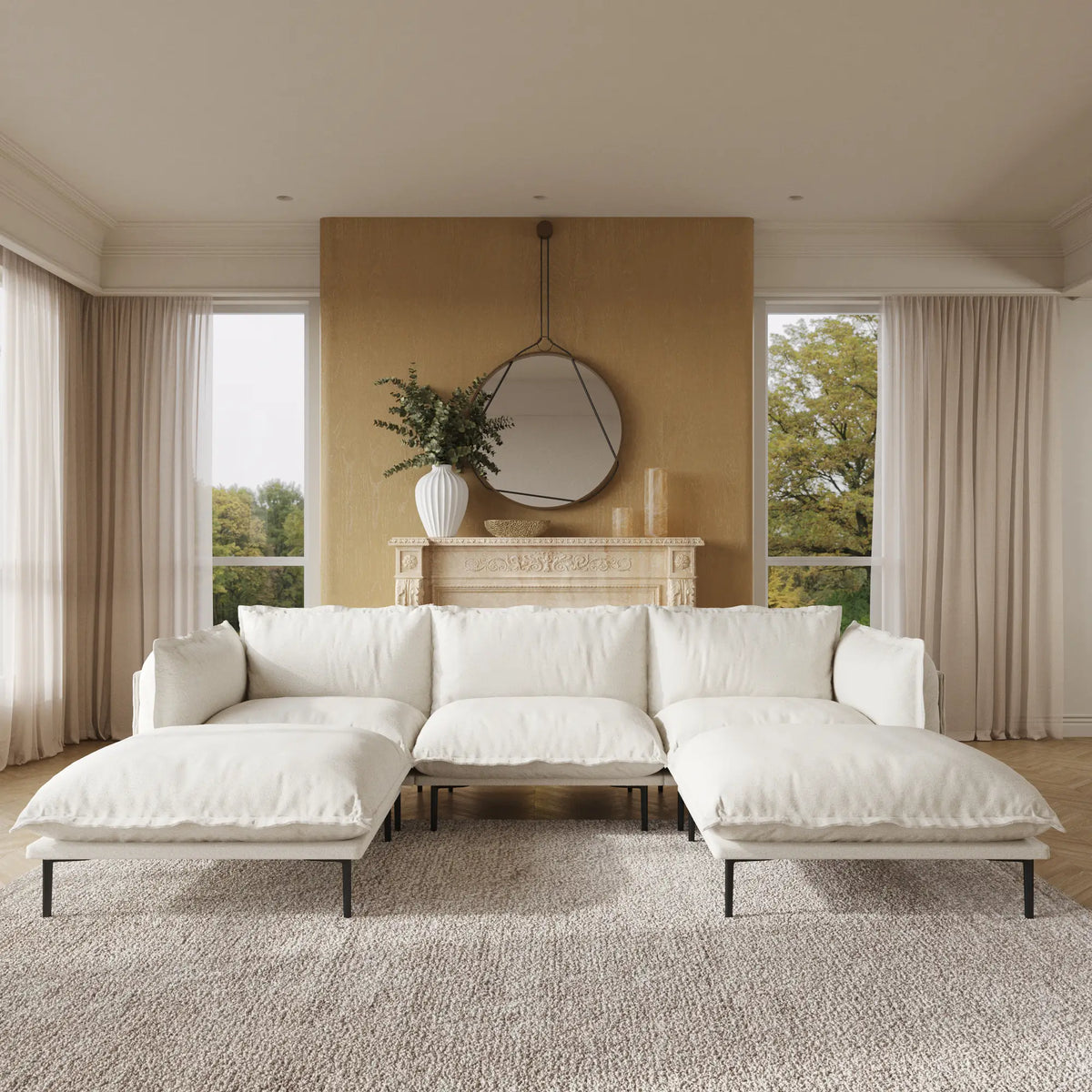 Deluxe Cloud 3-Seater Beige Modular U-Shaped Sectional | 5-Piece (includes 2 Ottomans), Velvet Fabric, Large Space
