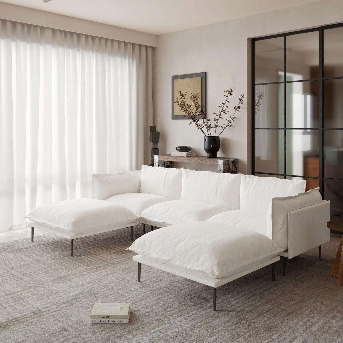 Deluxe Cloud 3-Seater Beige Modular U-Shaped Sectional | 5-Piece (includes 2 Ottomans), Velvet Fabric, Large Space