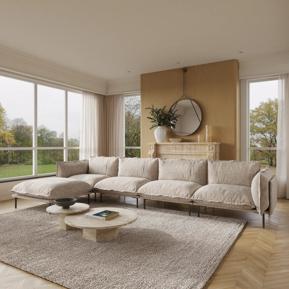 Deluxe Cloud 4-Seater Brown Modular L-Shaped Sectional | 5-Piece (includes 1 Ottoman), Velvet Fabric, Spacious Design